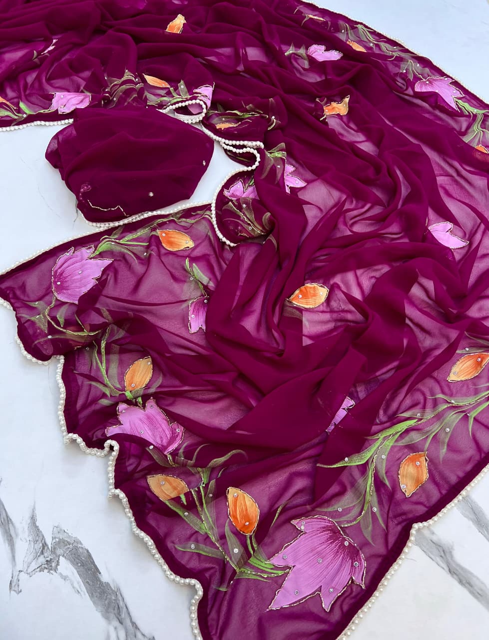 Purple Organza Handpainted Floral Saree with Pearl Borde