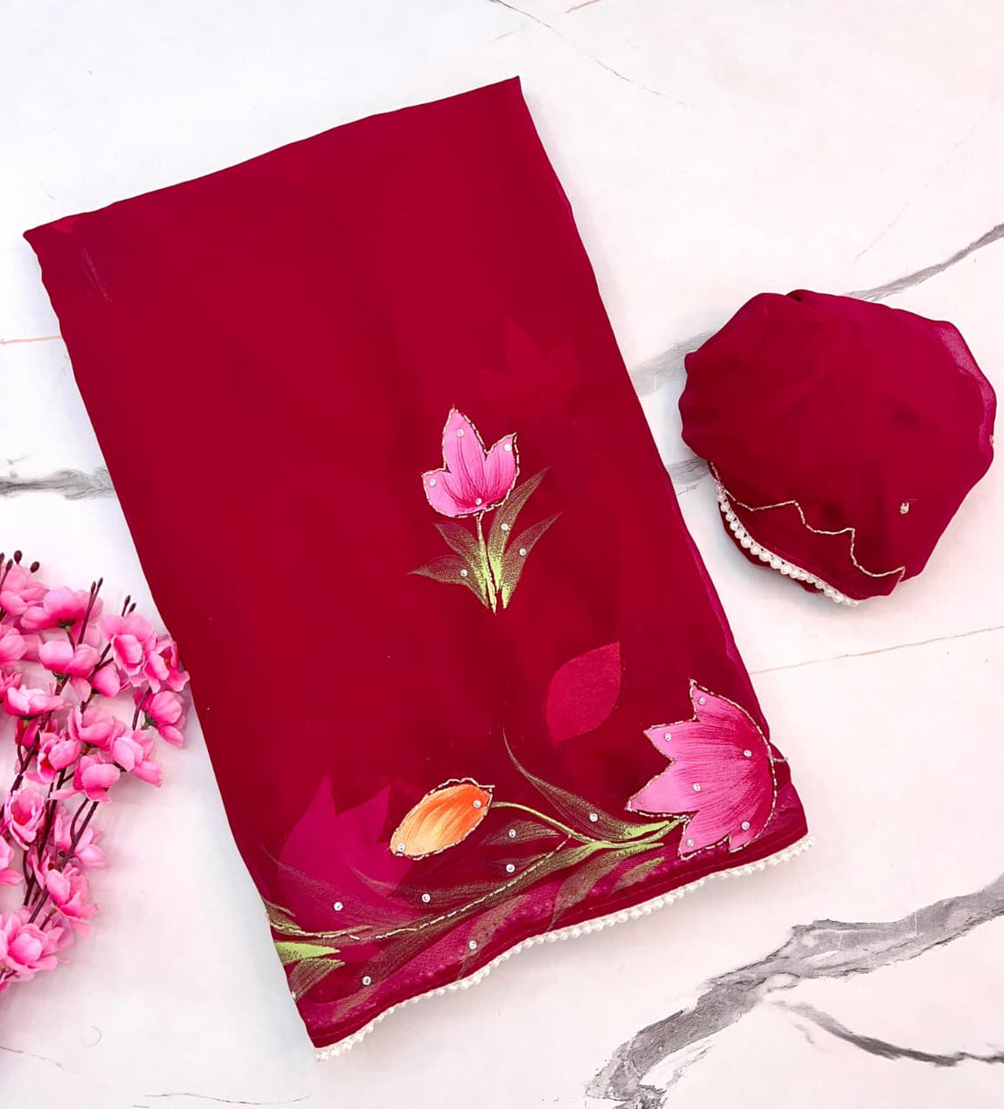 Pink Organza Handpainted Floral Saree with Pearl Borde