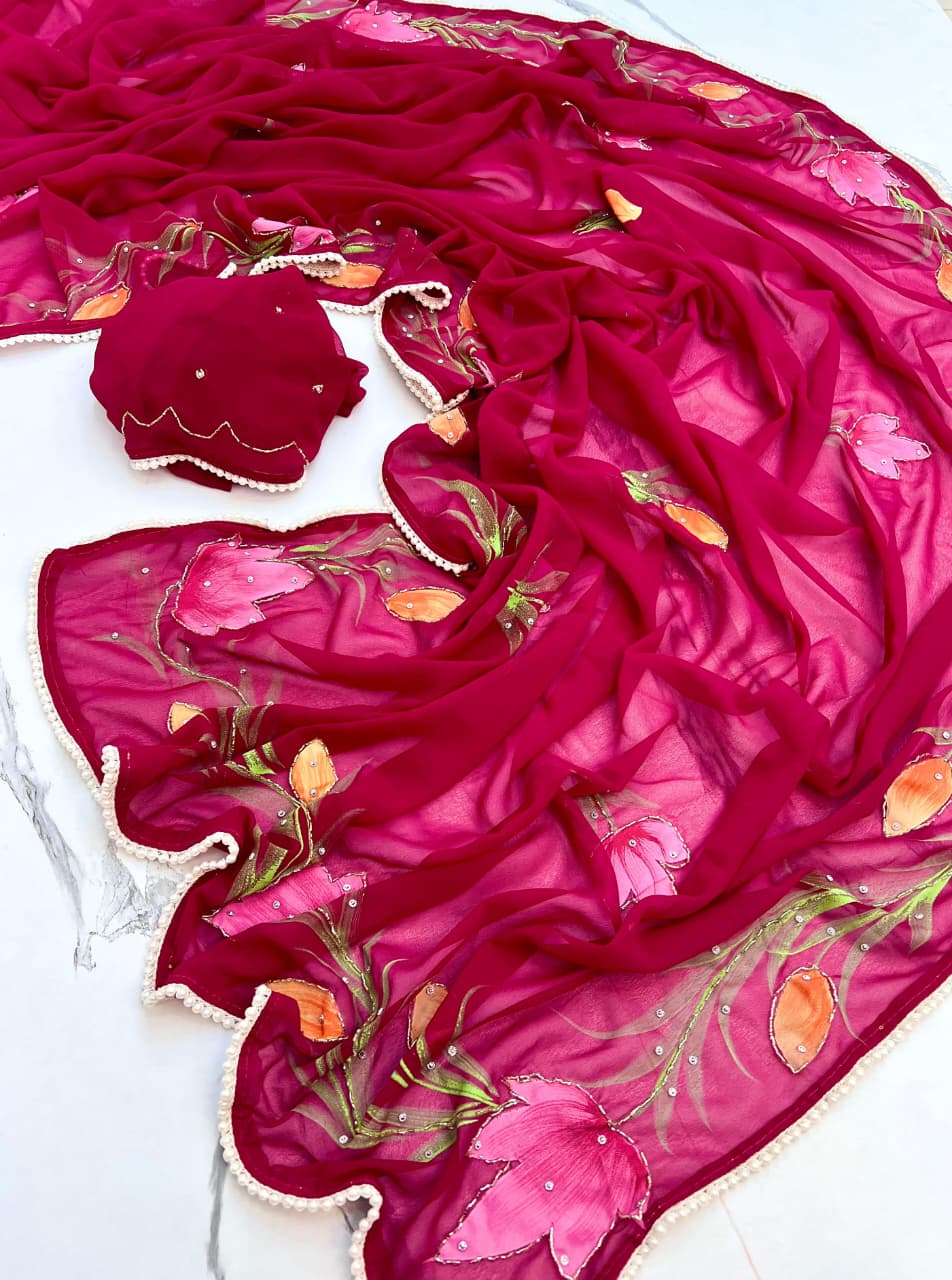 Pink Organza Handpainted Floral Saree with Pearl Borde