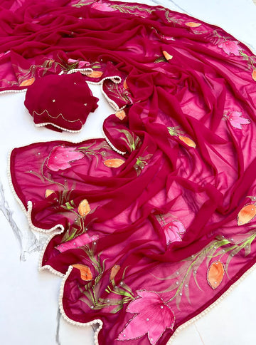 Pink Organza Handpainted Floral Saree with Pearl Borde