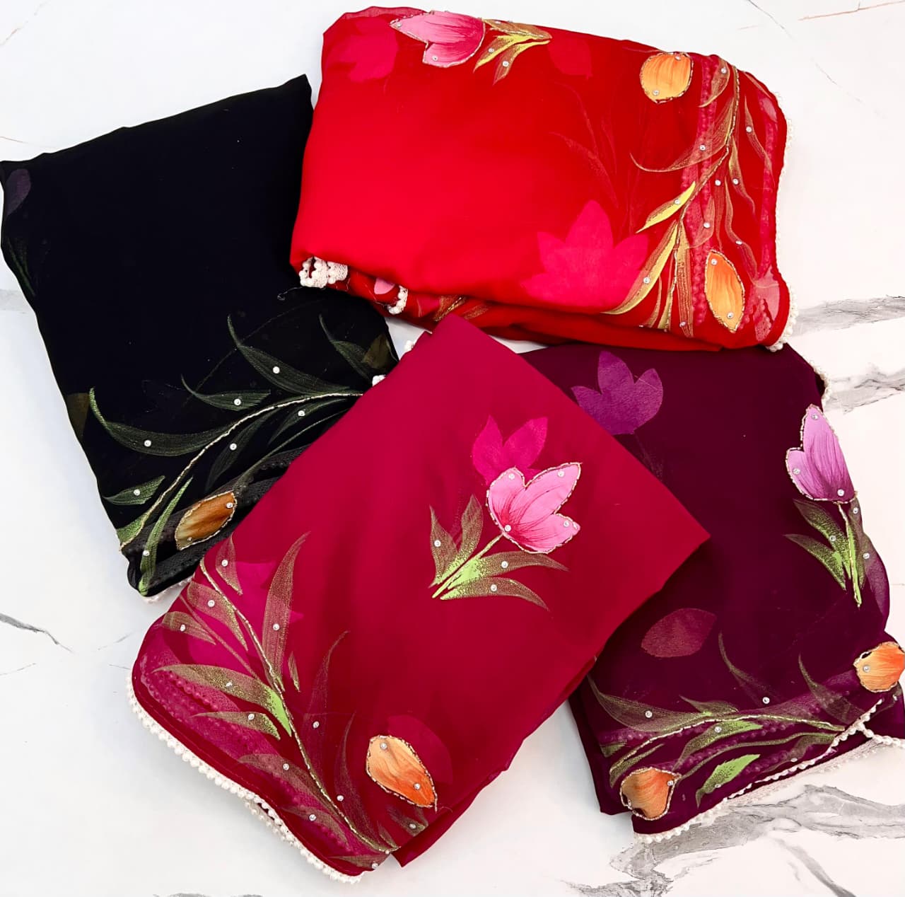 Pink Organza Handpainted Floral Saree with Pearl Borde