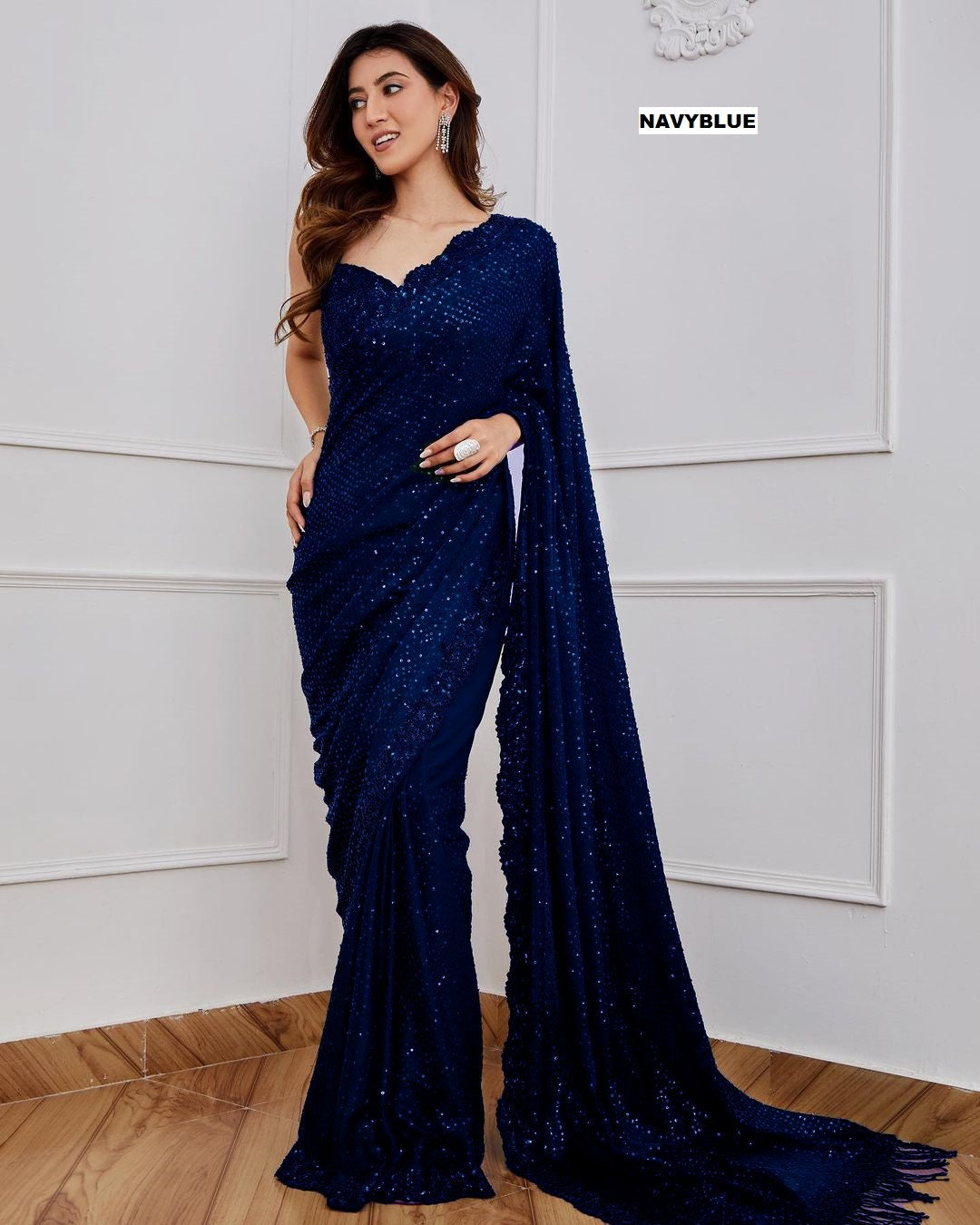 Blue Sequin Embroidered Georgette Saree with Designer Blouse