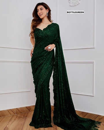 Green Sequin Embroidered Georgette Saree with Designer Blouse