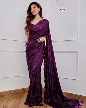 Wine Sequin Embroidered Georgette Saree with Designer Blouse