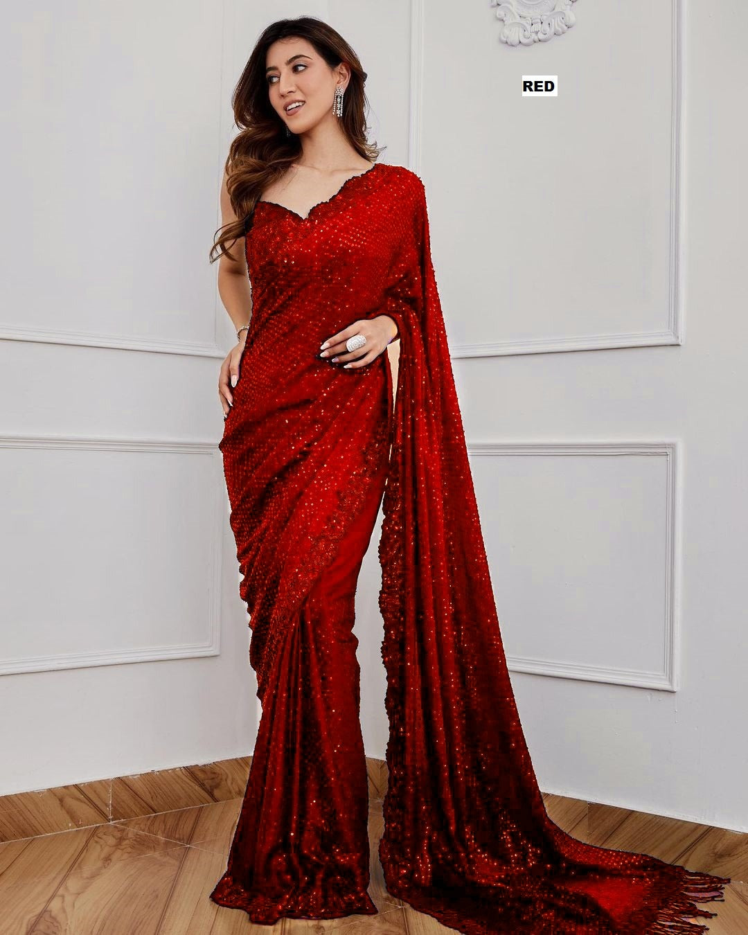 Red Sequin Embroidered Georgette Saree with Designer Blouse