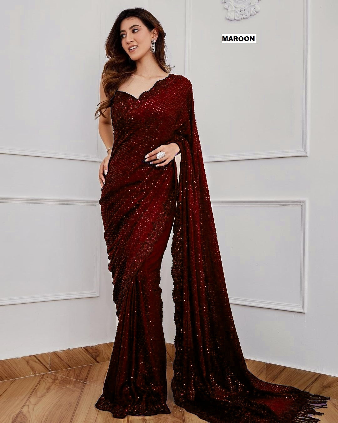 Maroon Sequin Embroidered Georgette Saree with Designer Blouse