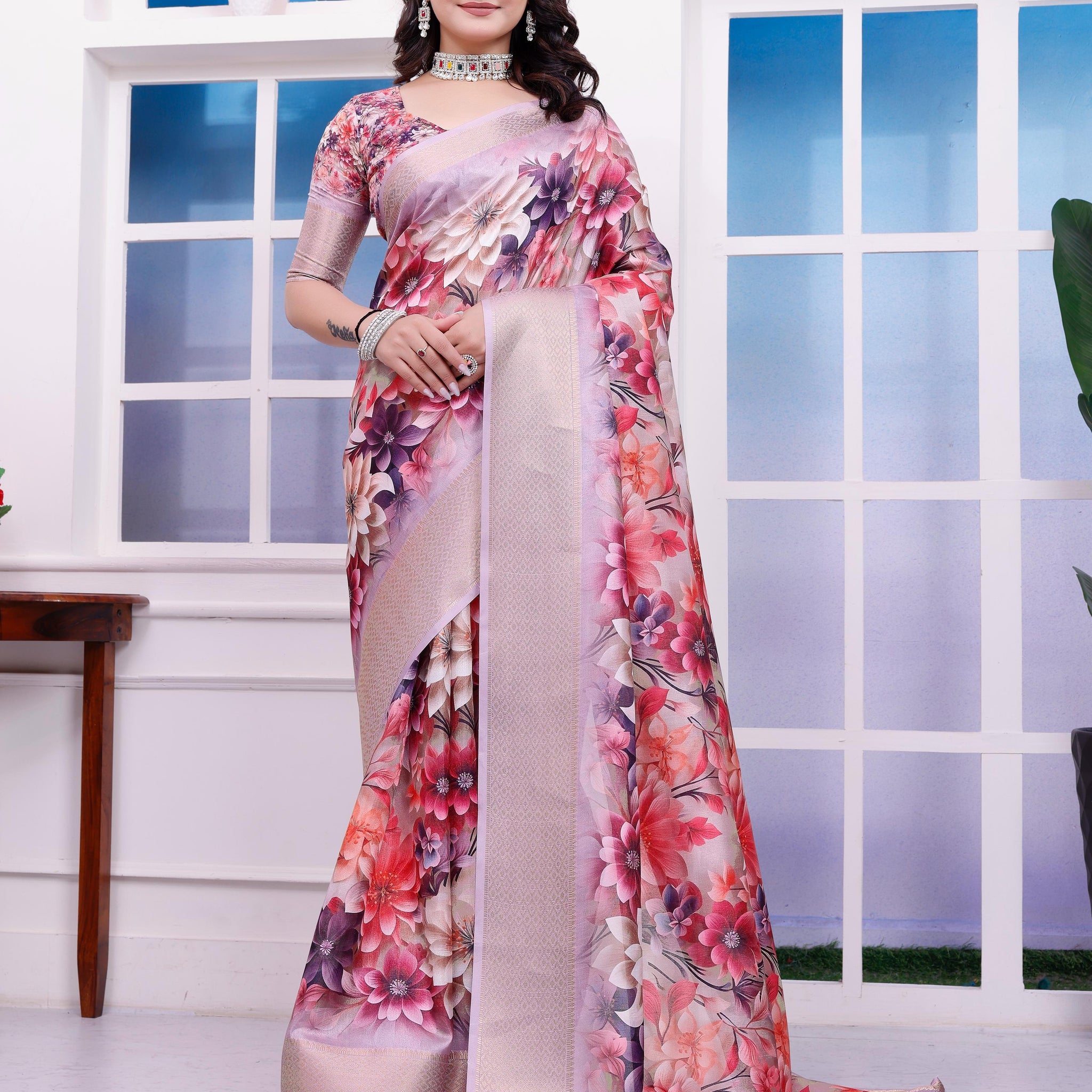 Red Floral Printed Organza Saree with Golden Border