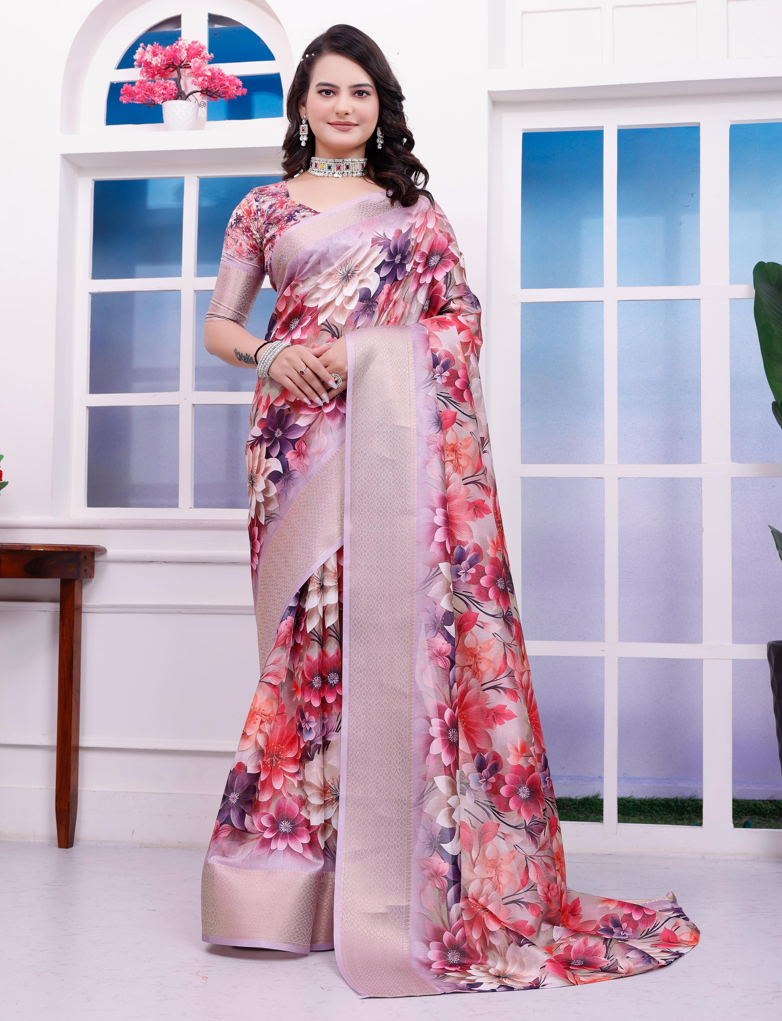 Red Floral Printed Organza Saree with Golden Border