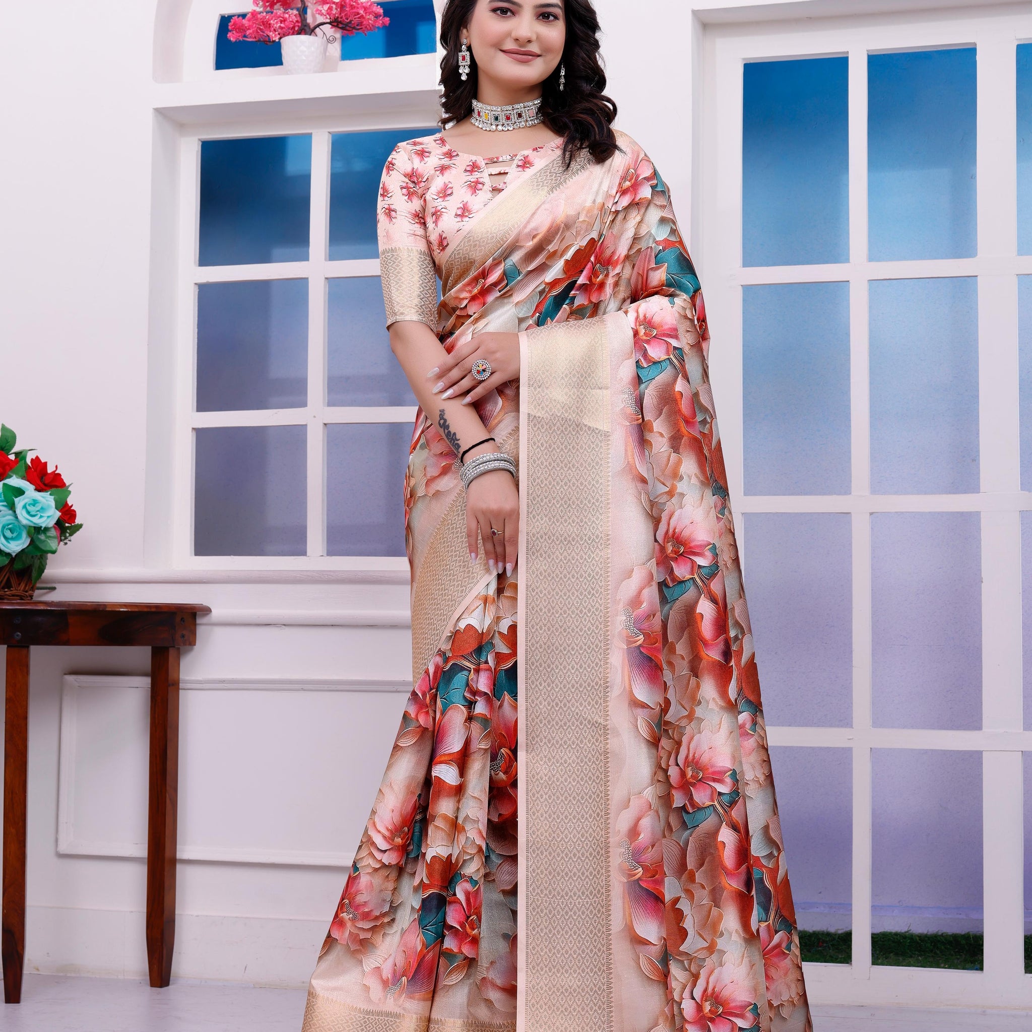 Multi Color Floral Printed Organza Saree with Golden Border