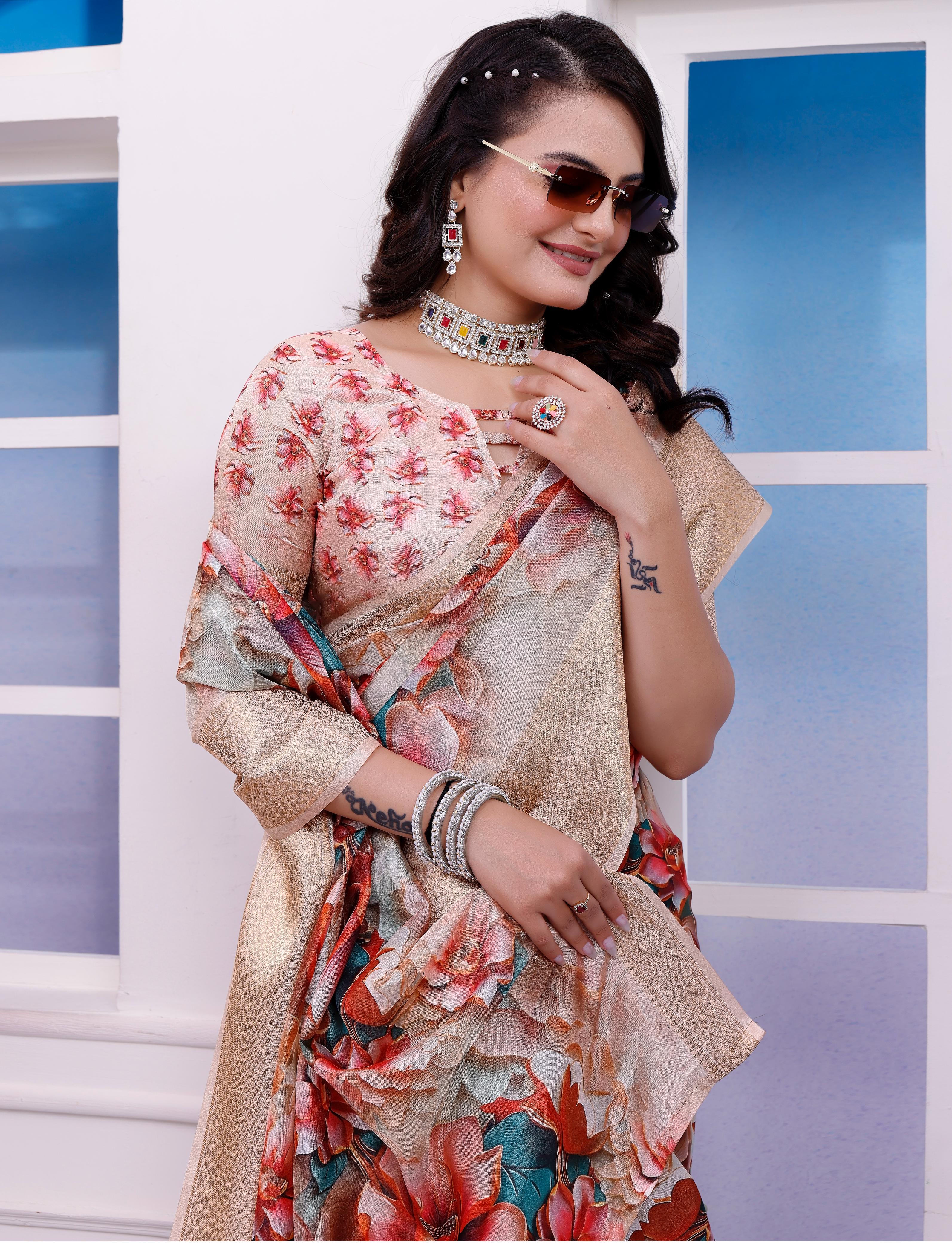 Multi Color Floral Printed Organza Saree with Golden Border