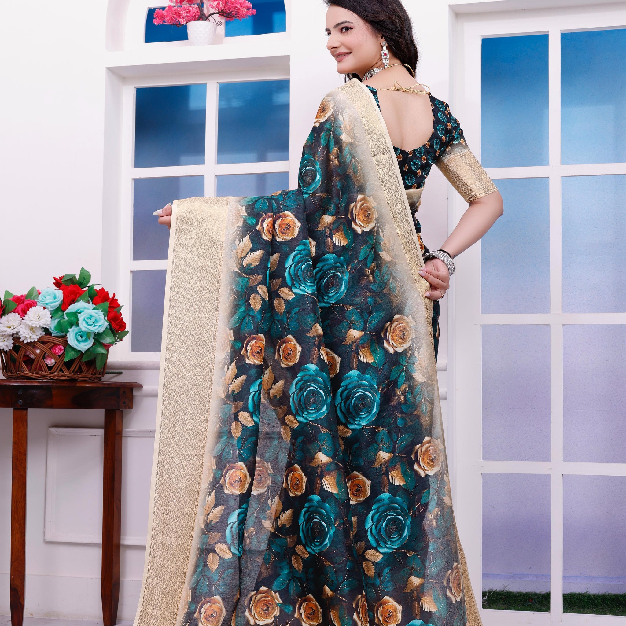 Blue Floral Printed Organza Saree with Golden Border
