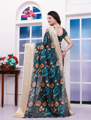 Blue Floral Printed Organza Saree with Golden Border