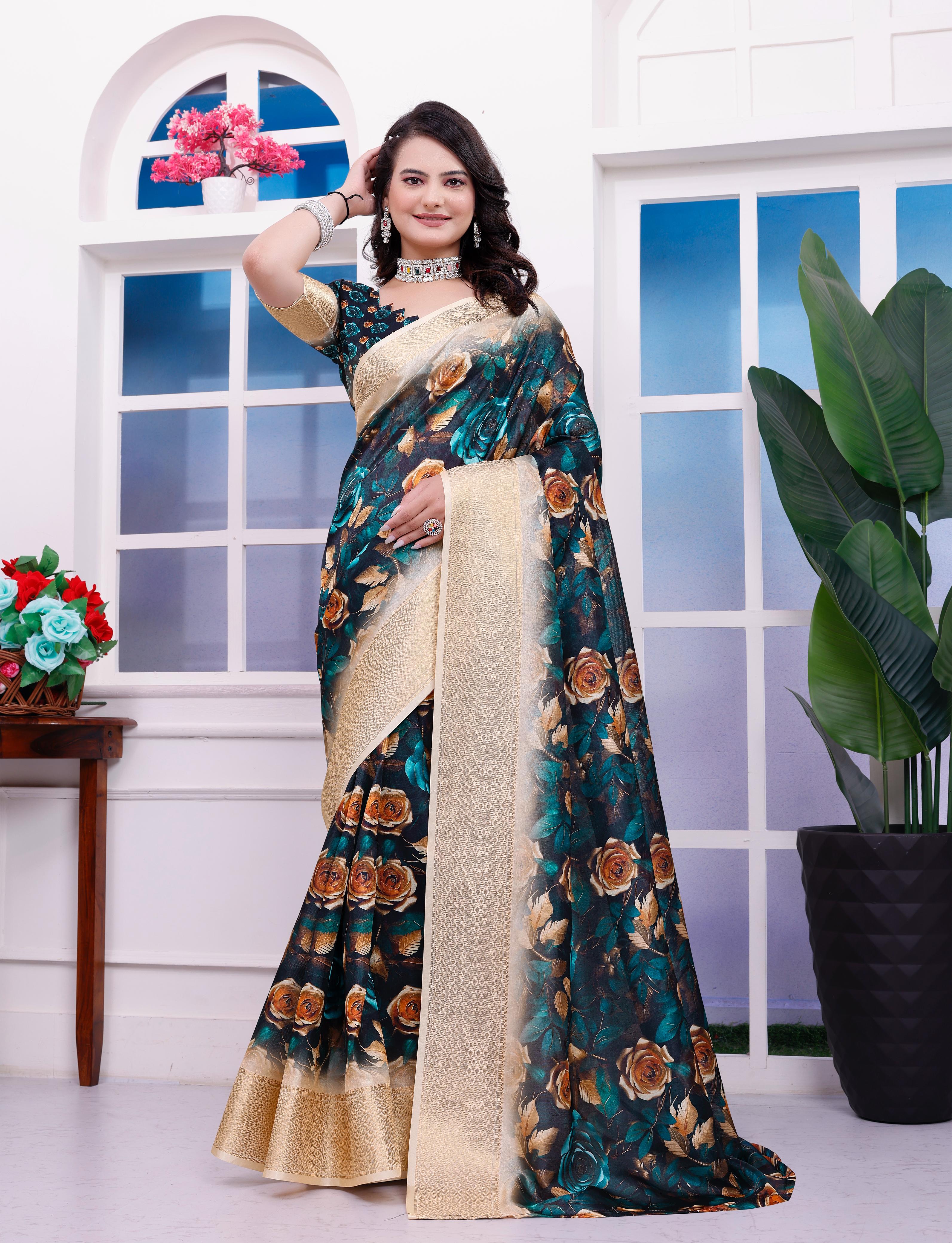Blue Floral Printed Organza Saree with Golden Border