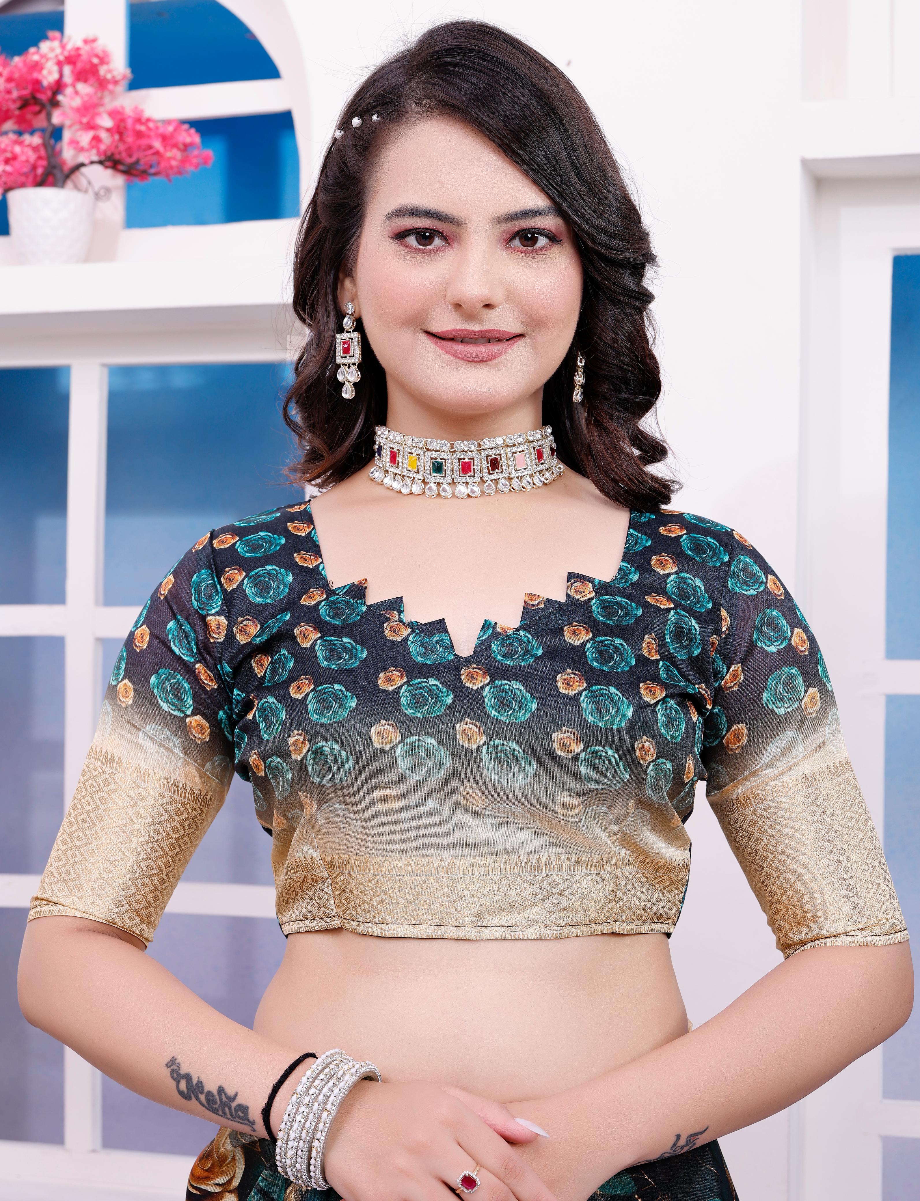 Blue Floral Printed Organza Saree with Golden Border