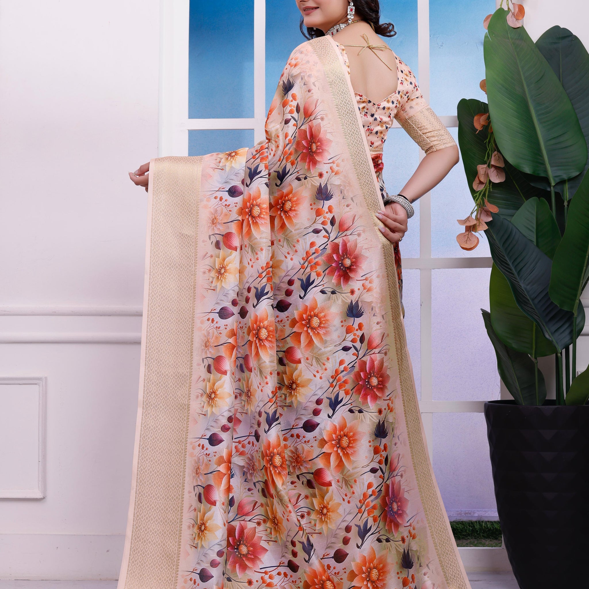 Orange & Red Floral Printed Organza Saree with Golden Border