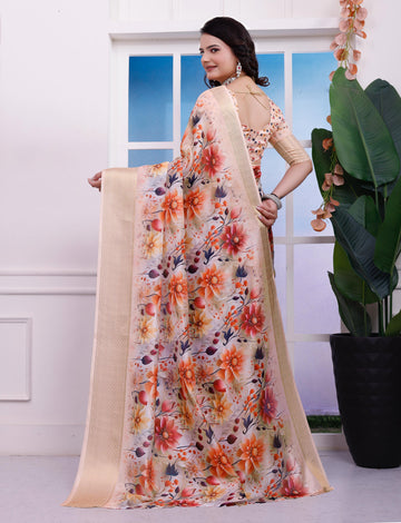 Orange & Red Floral Printed Organza Saree with Golden Border