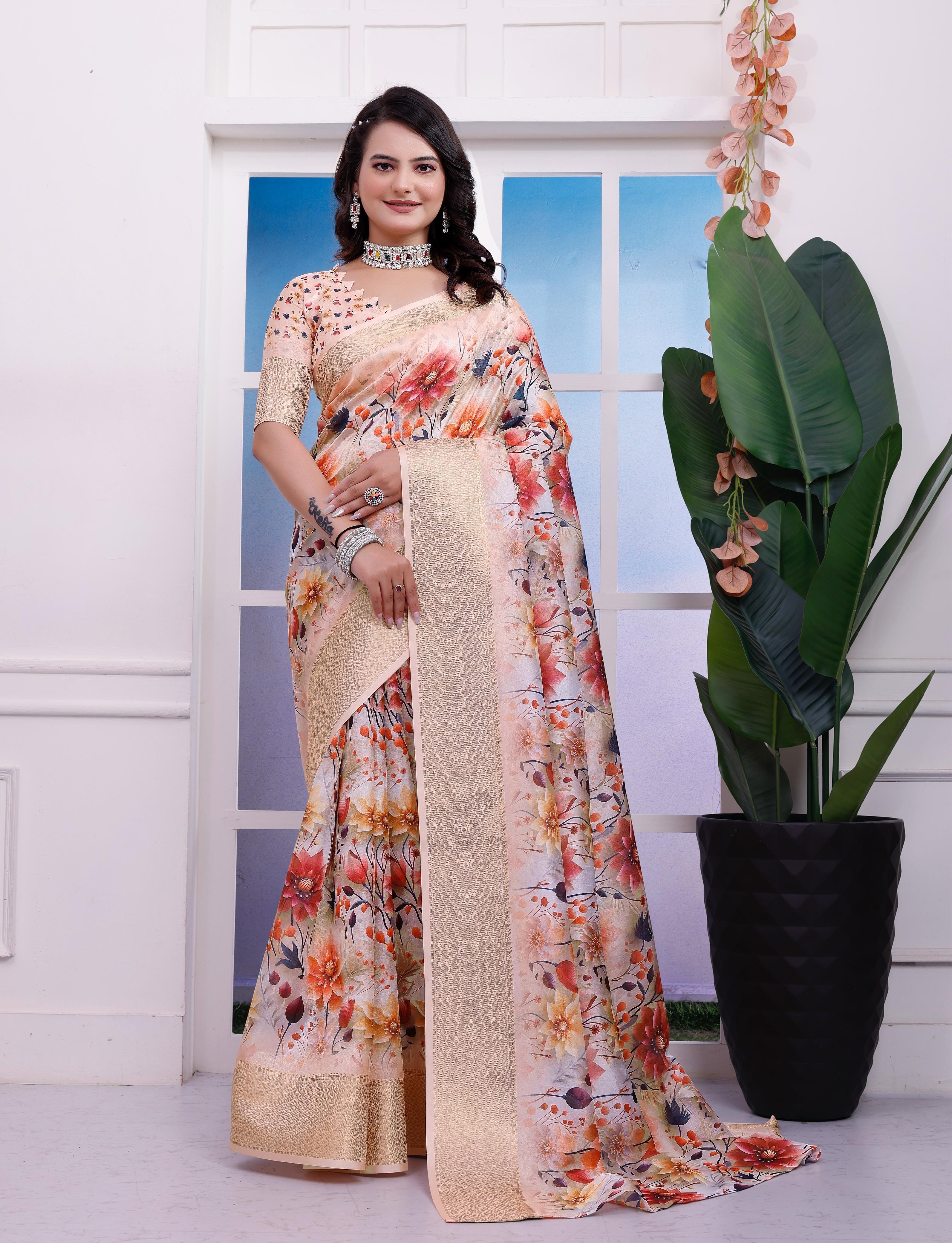 Orange & Red Floral Printed Organza Saree with Golden Border
