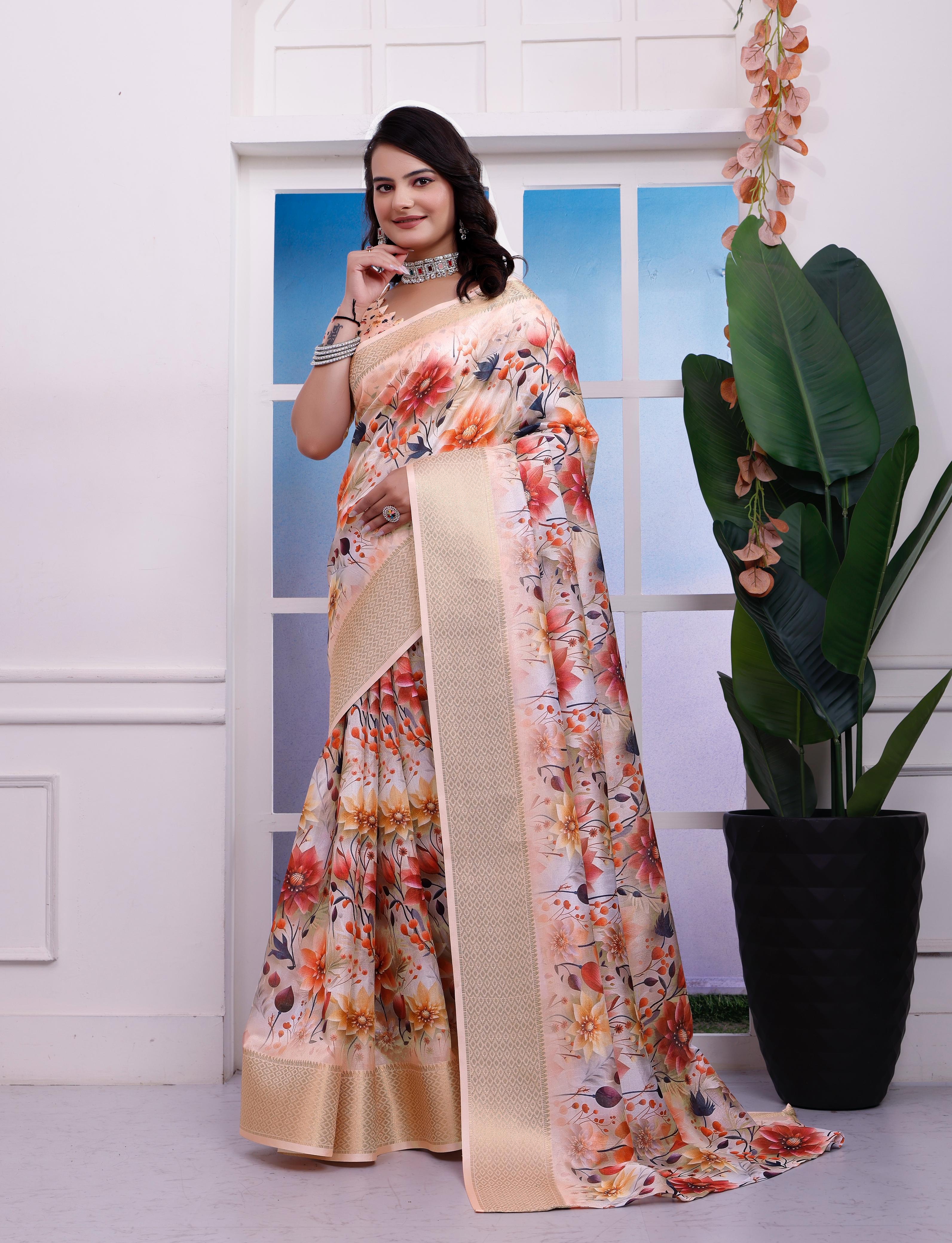 Orange & Red Floral Printed Organza Saree with Golden Border