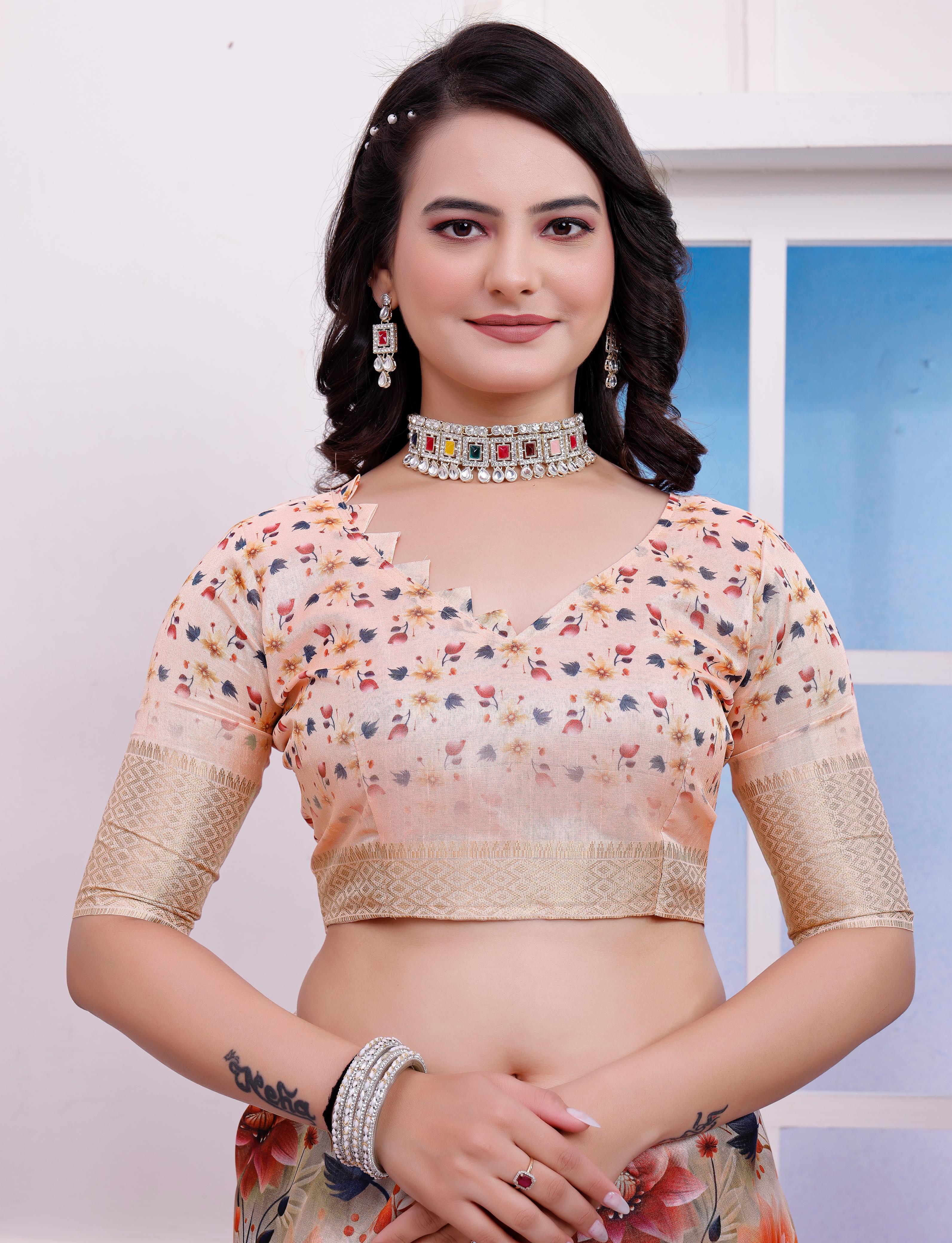 Orange & Red Floral Printed Organza Saree with Golden Border