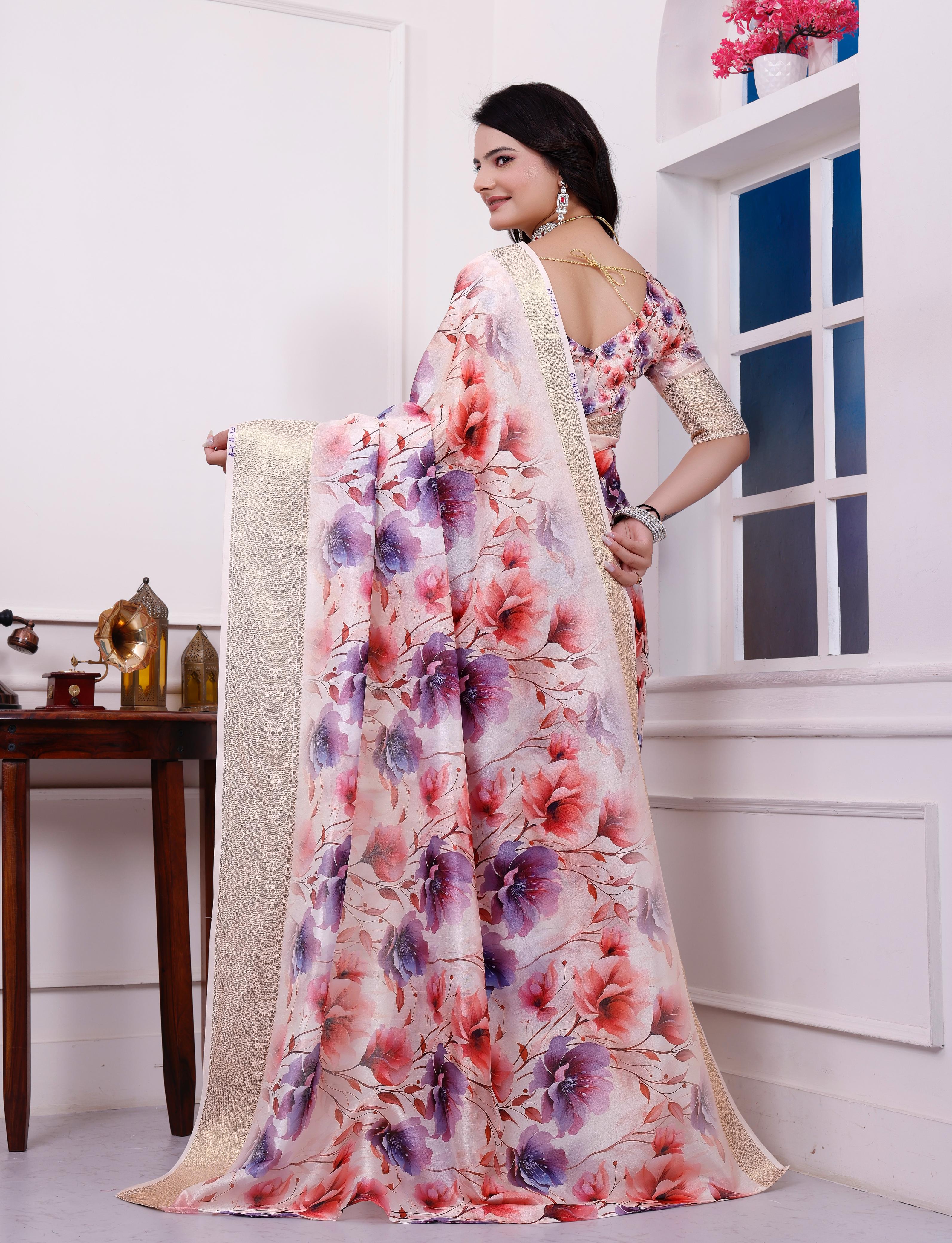 Purple Floral Printed Organza Saree with Golden Border