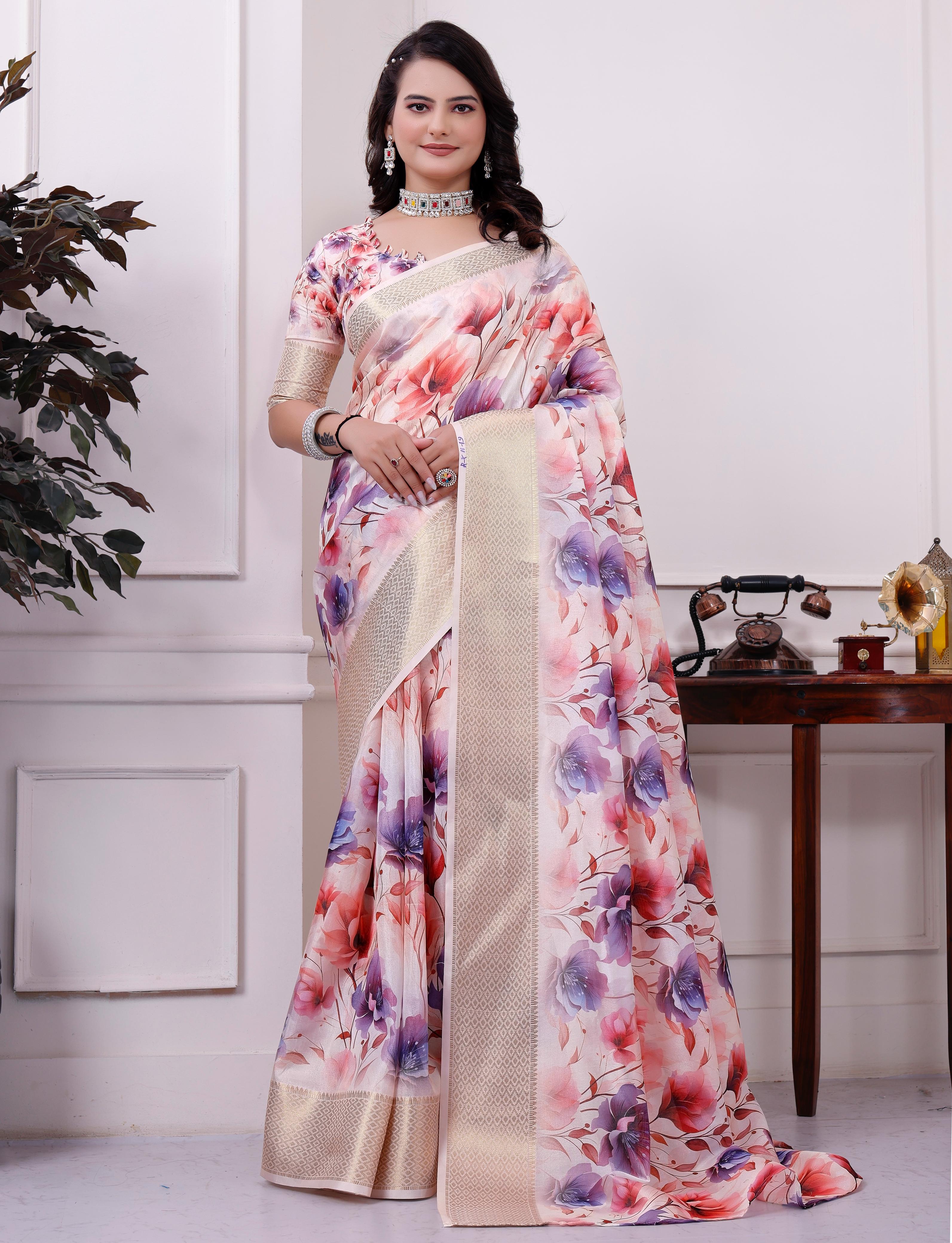 Purple Floral Printed Organza Saree with Golden Border