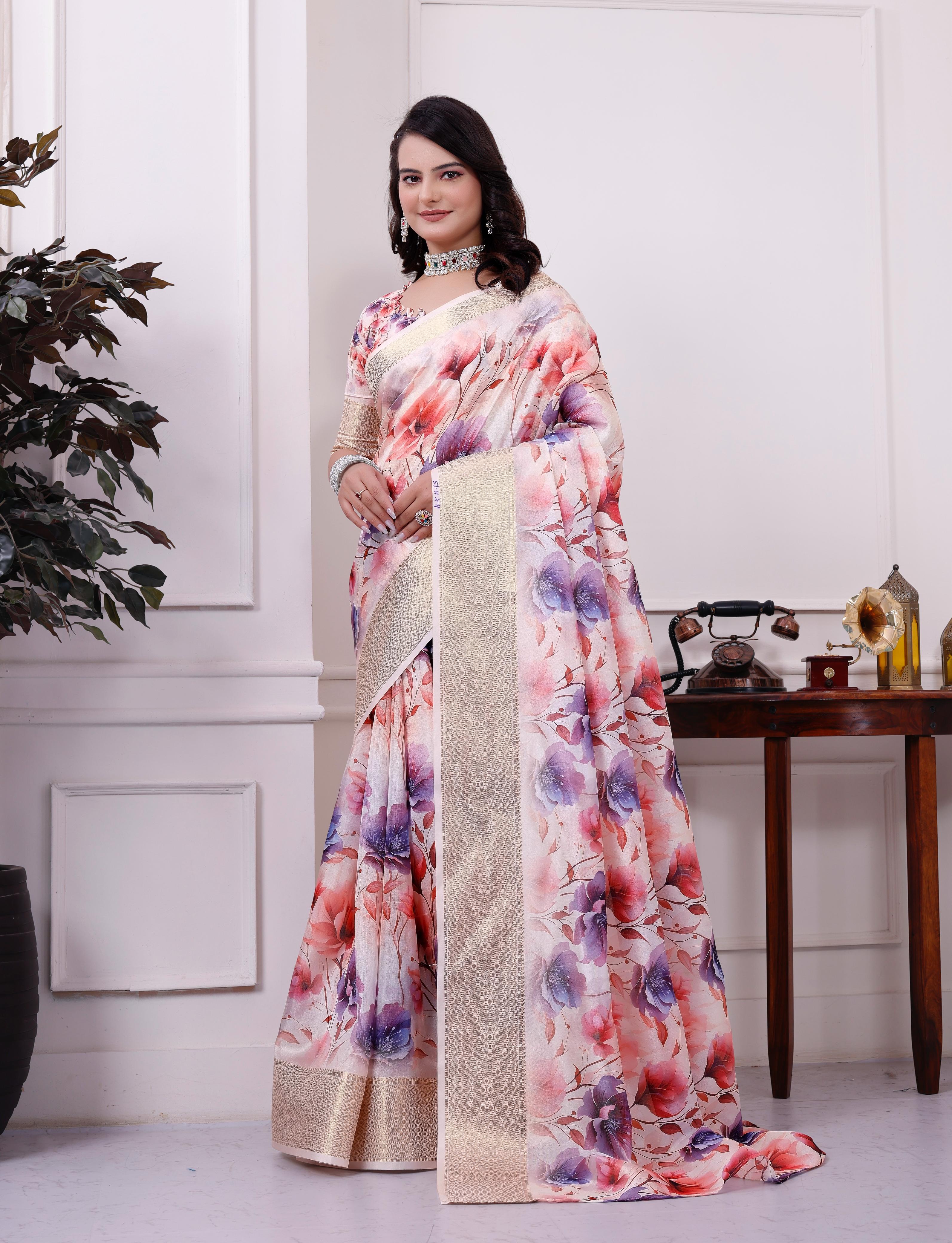 Purple Floral Printed Organza Saree with Golden Border
