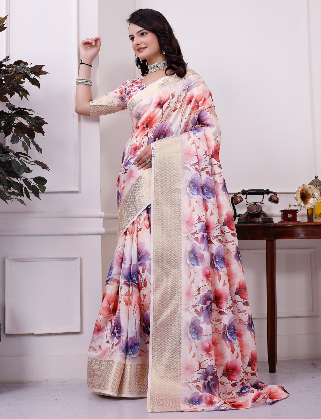 Purple Floral Printed Organza Saree with Golden Border