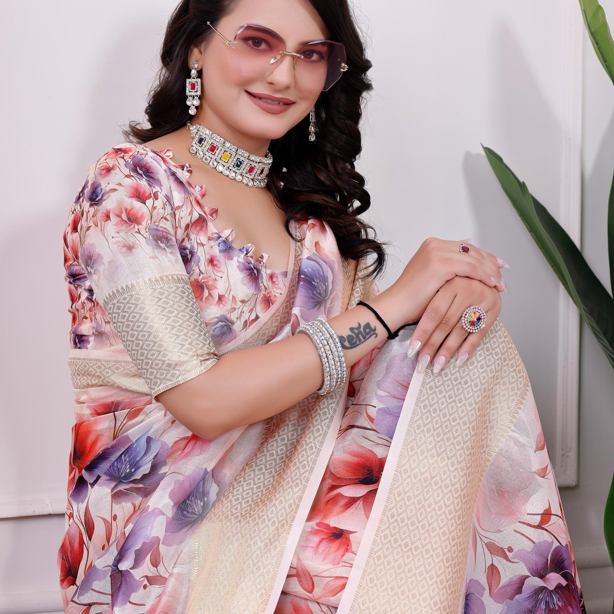 Purple Floral Printed Organza Saree with Golden Border