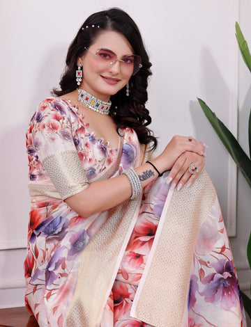 Purple Floral Printed Organza Saree with Golden Border