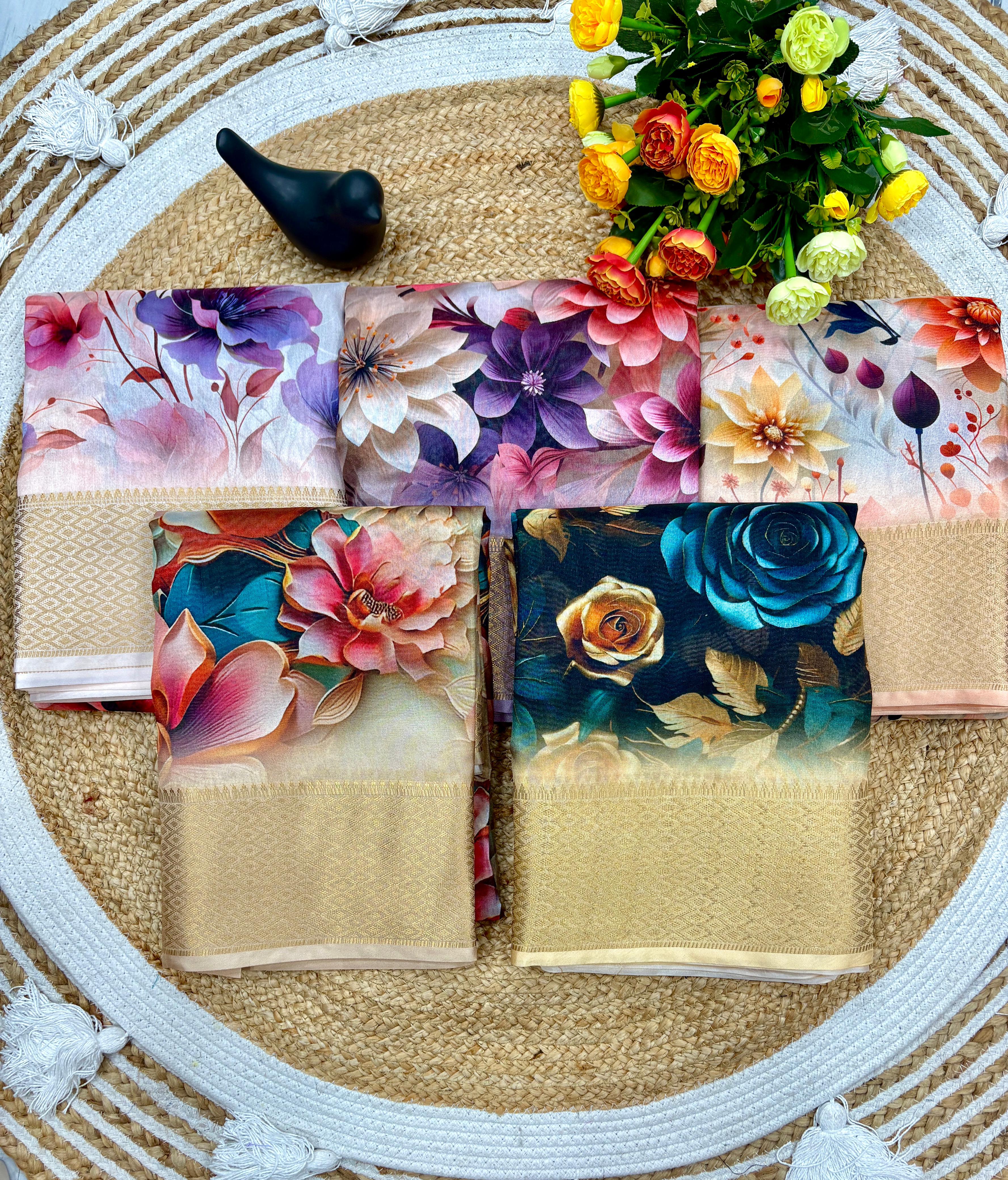 Blue Floral Printed Organza Saree with Golden Border