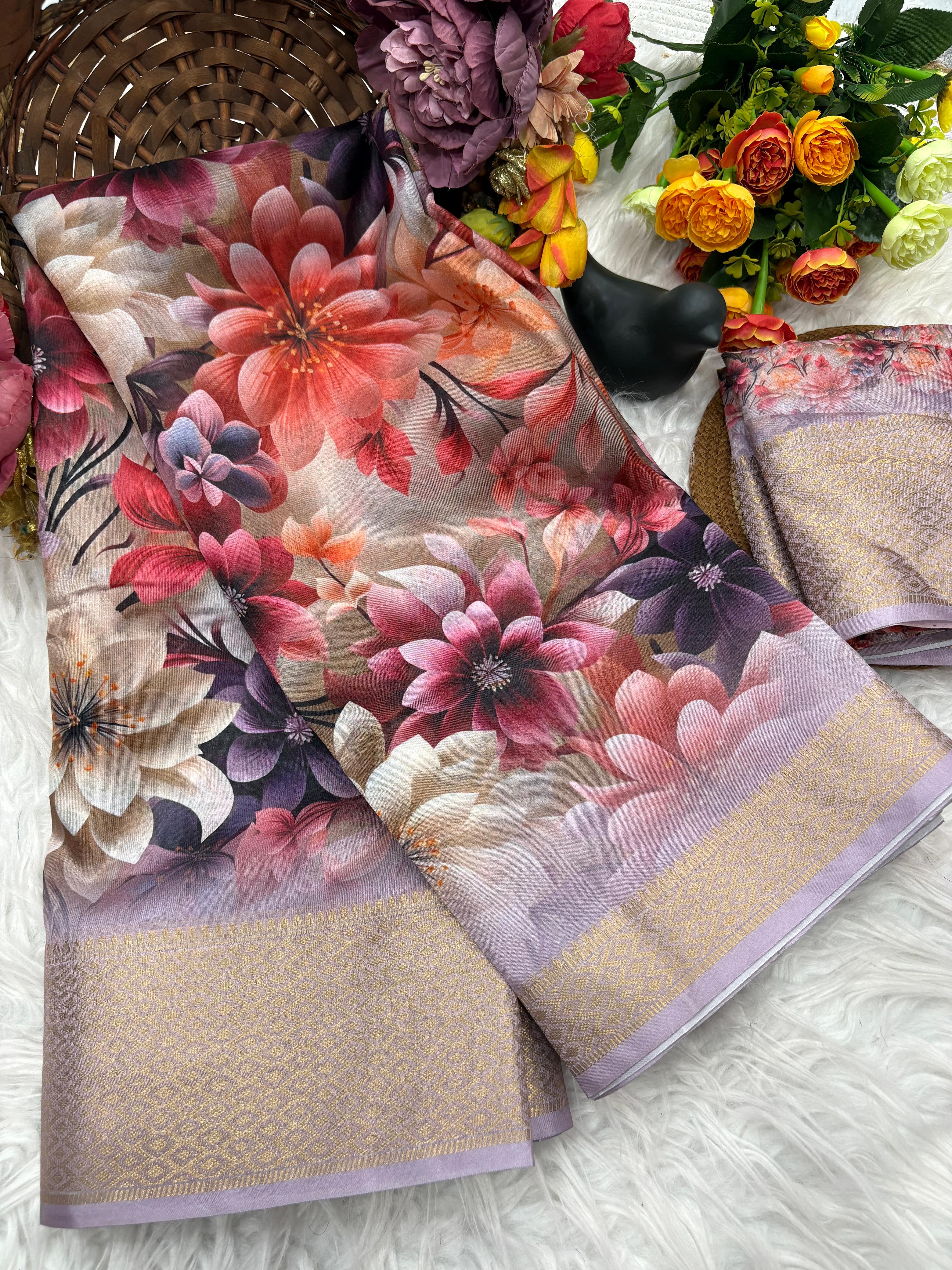 Red Floral Printed Organza Saree with Golden Border