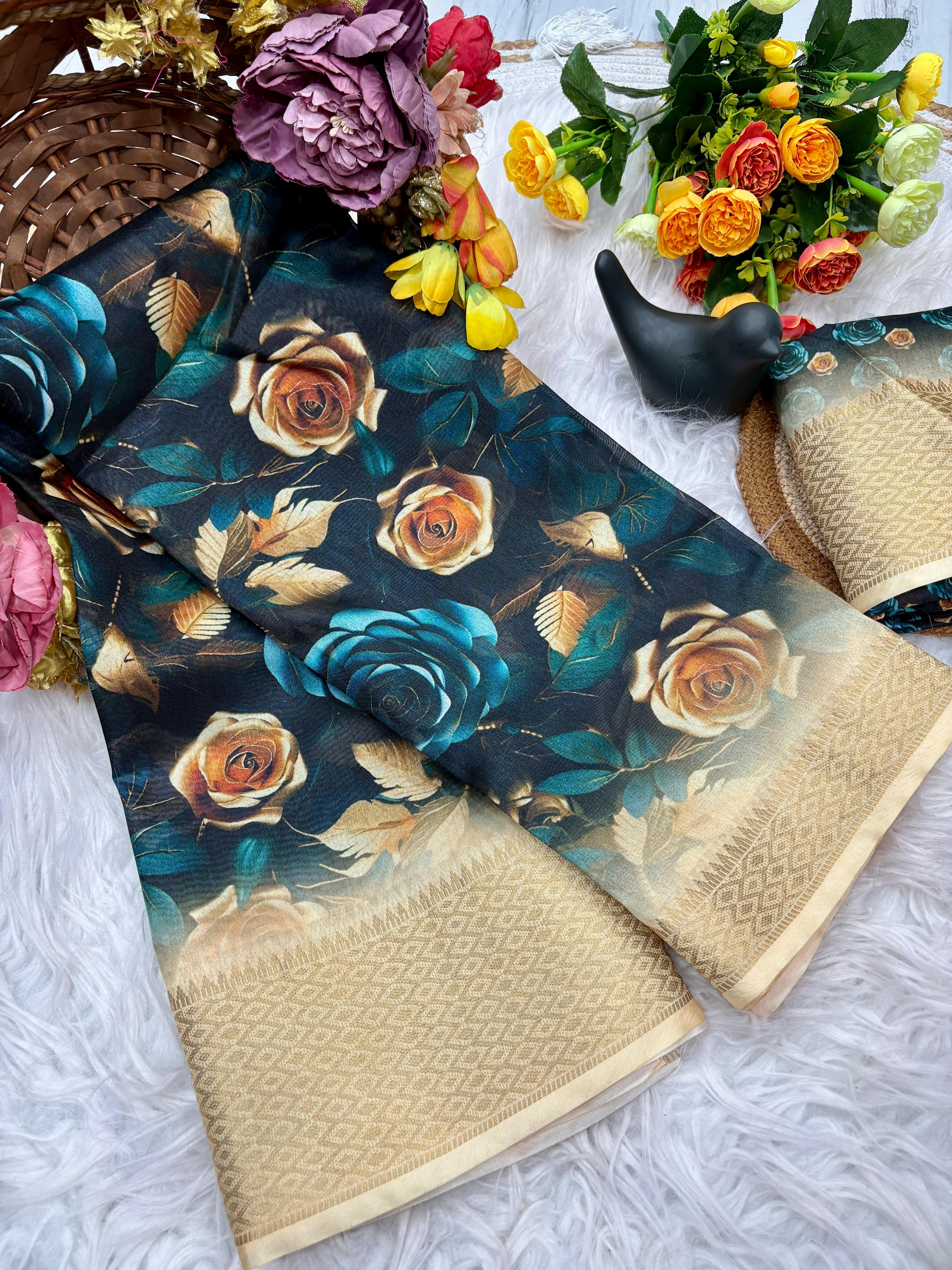 Blue Floral Printed Organza Saree with Golden Border