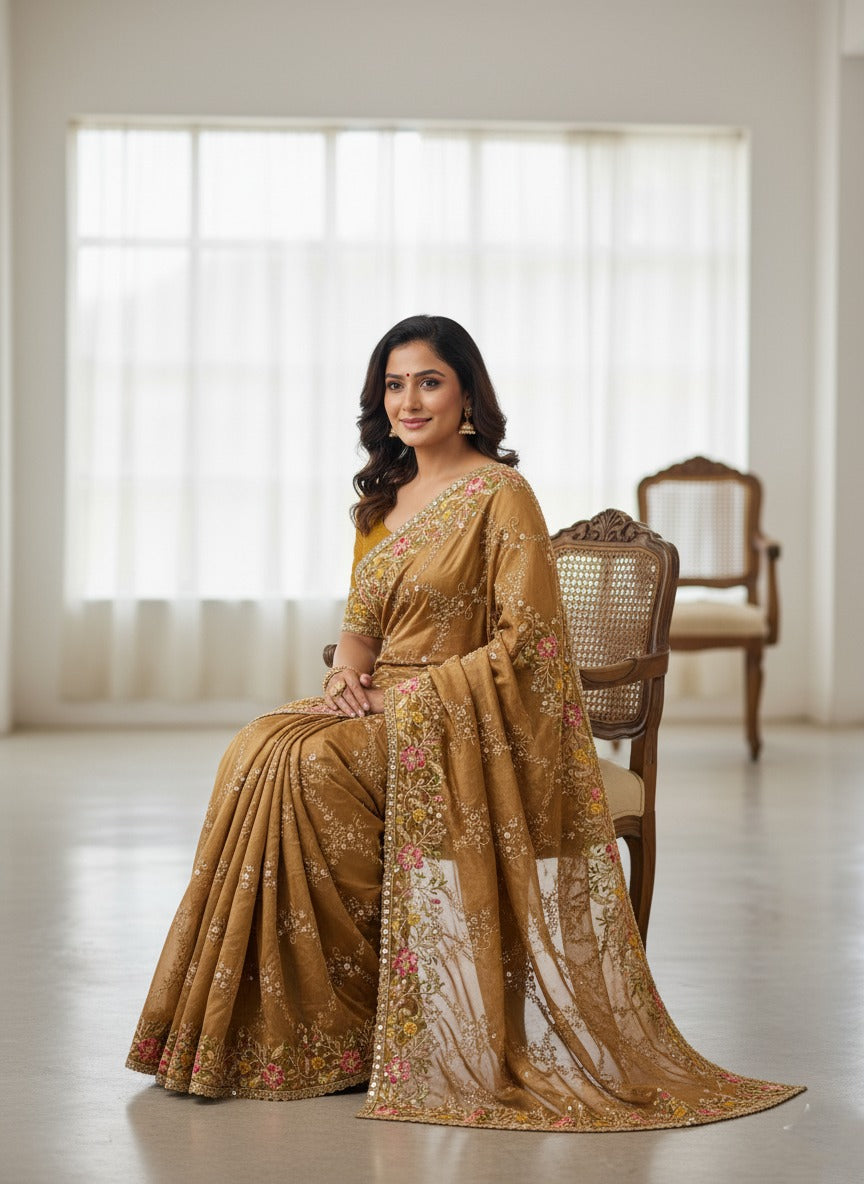 Golden Embroidered Net Saree with Floral Detailing and Sequins