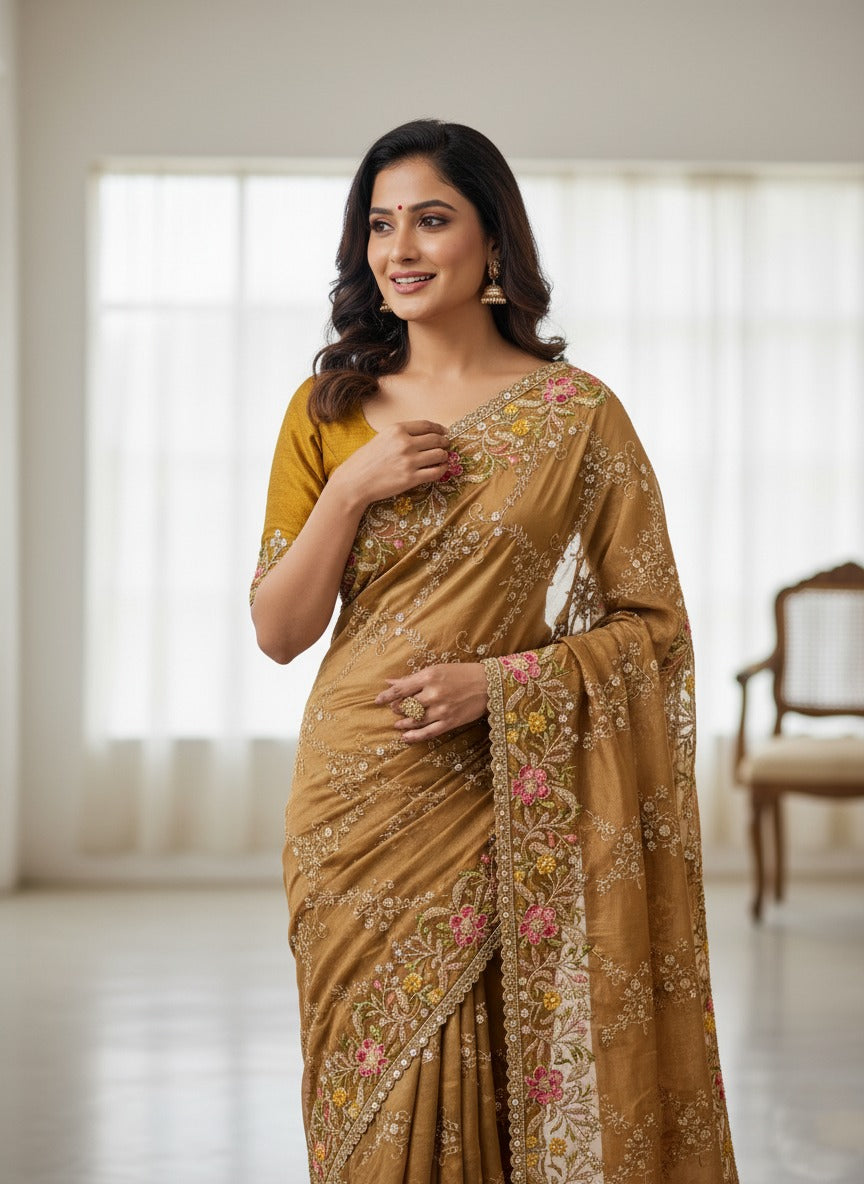 Golden Embroidered Net Saree with Floral Detailing and Sequins