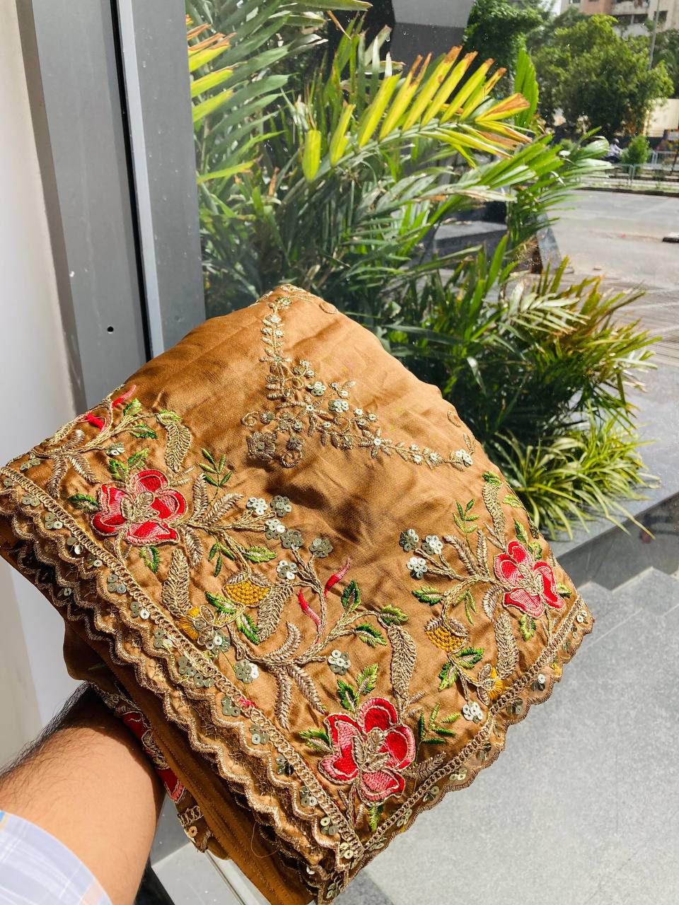 Golden Embroidered Net Saree with Floral Detailing and Sequins