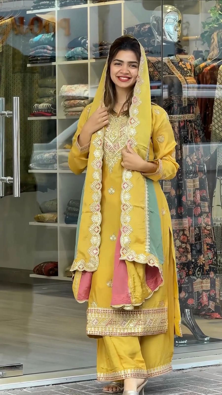 Yellow Embroidered Palazzo Suit with Zari and Sequin Detailing
