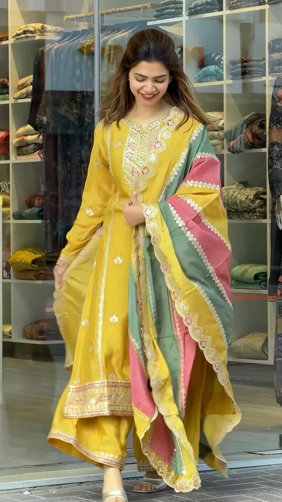 Yellow Embroidered Palazzo Suit with Zari and Sequin Detailing