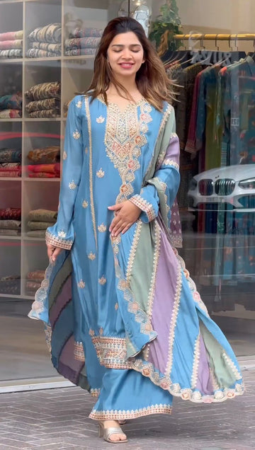 Blue Embroidered Palazzo Suit with Zari and Sequin Detailing