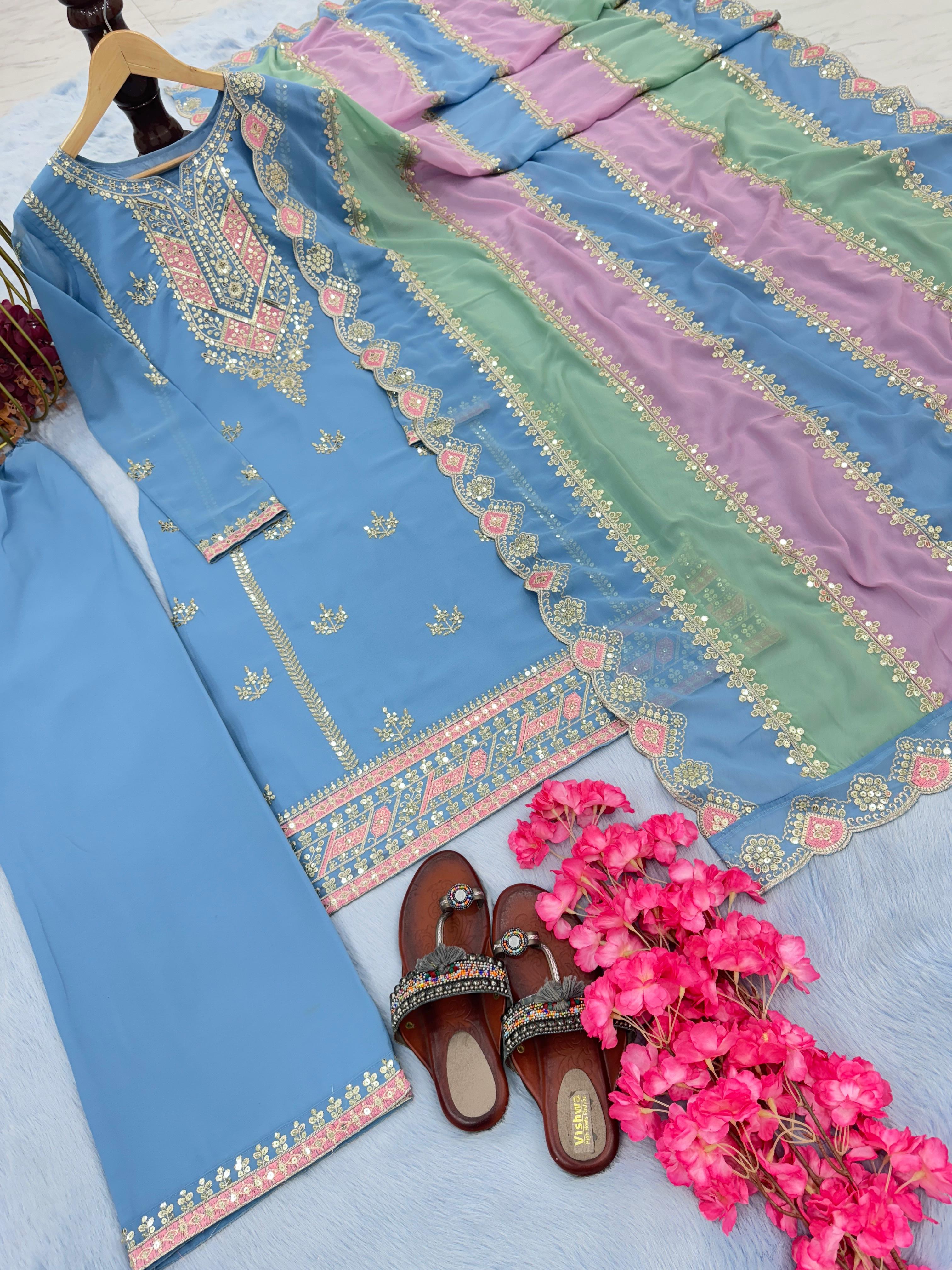 Blue Embroidered Palazzo Suit with Zari and Sequin Detailing