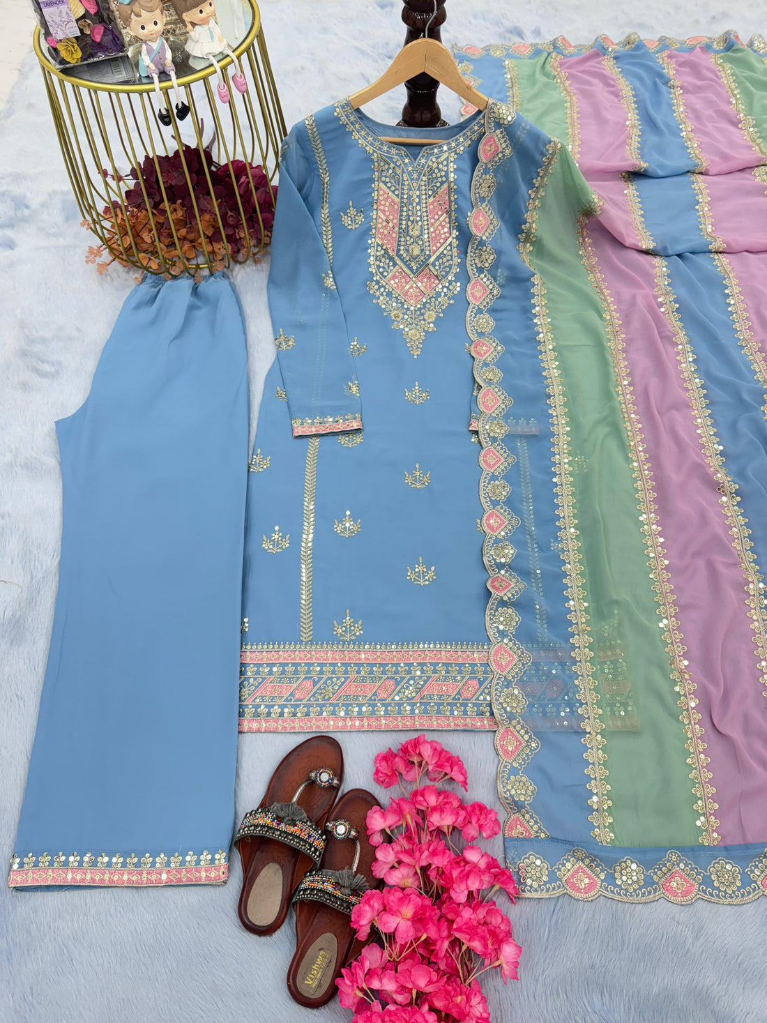 Blue Embroidered Palazzo Suit with Zari and Sequin Detailing