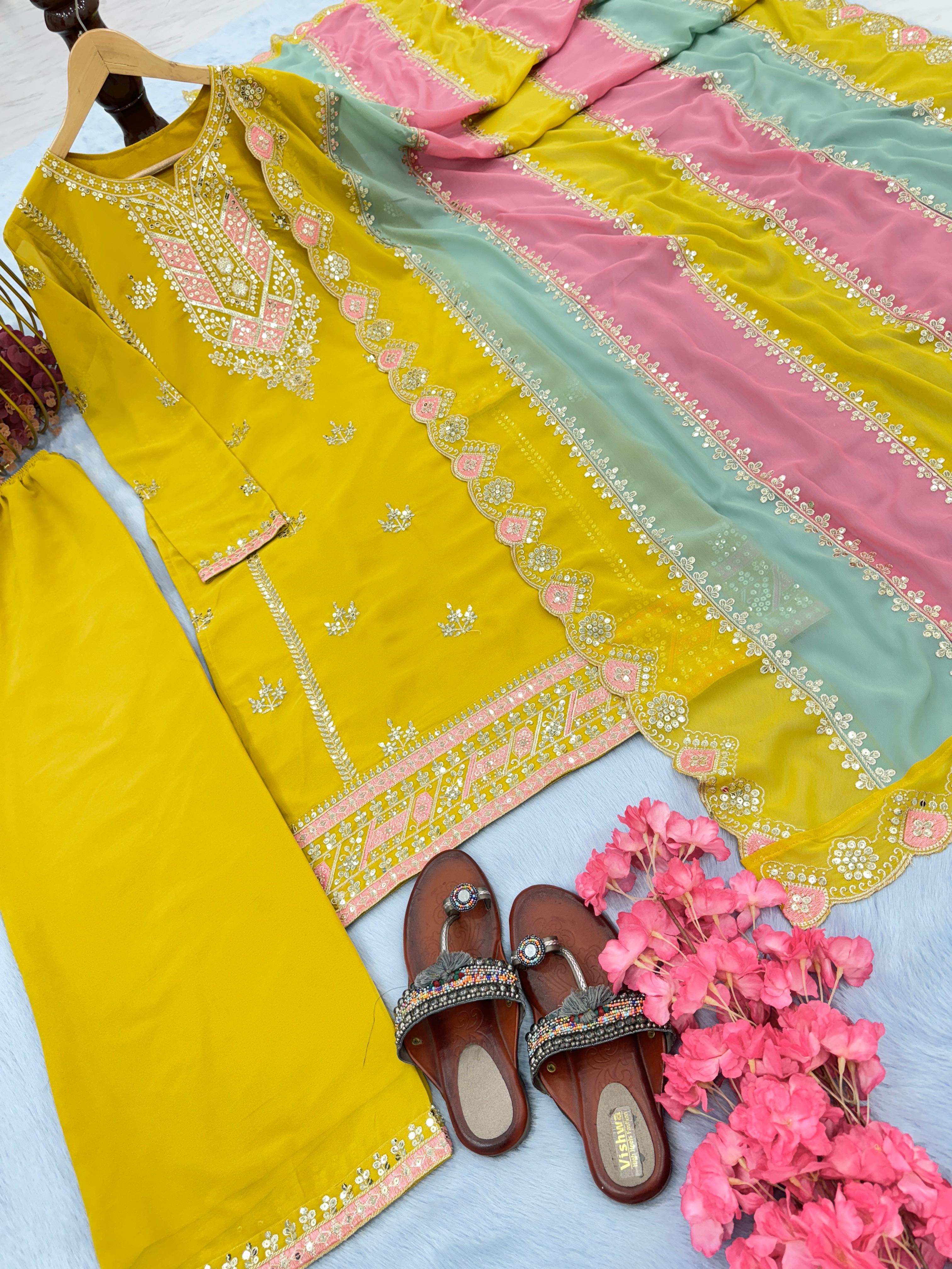 Yellow Embroidered Palazzo Suit with Zari and Sequin Detailing