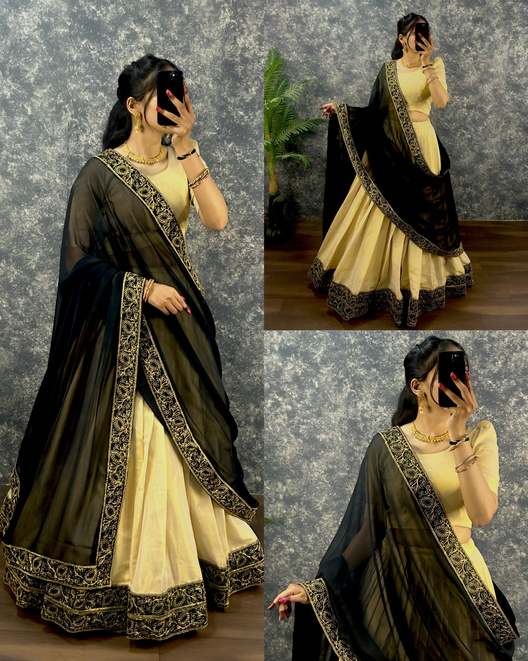 Cream and Black Silk Lehenga Choli with Embroidered Border Dupatta
