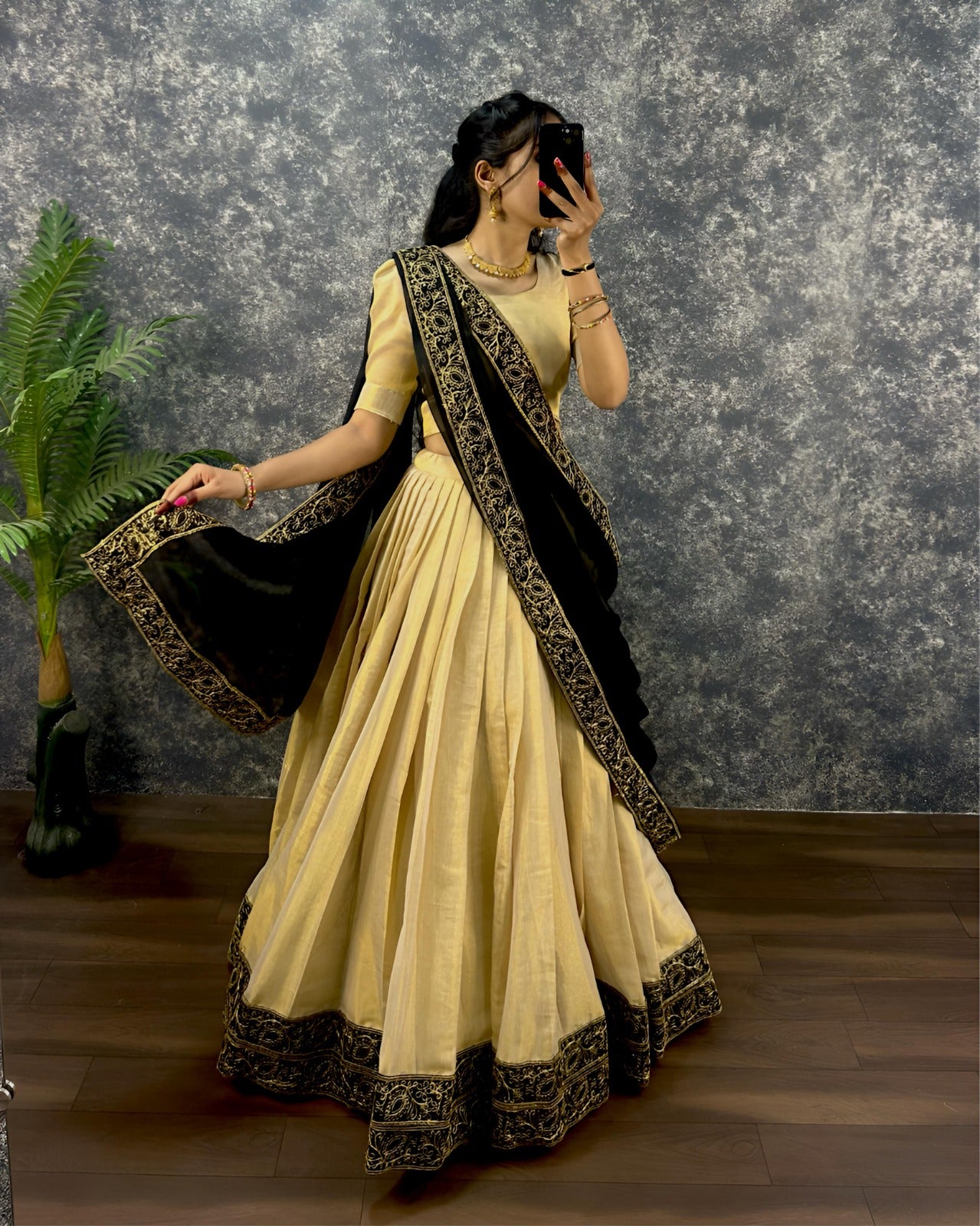Cream and Black Silk Lehenga Choli with Embroidered Border Dupatta
