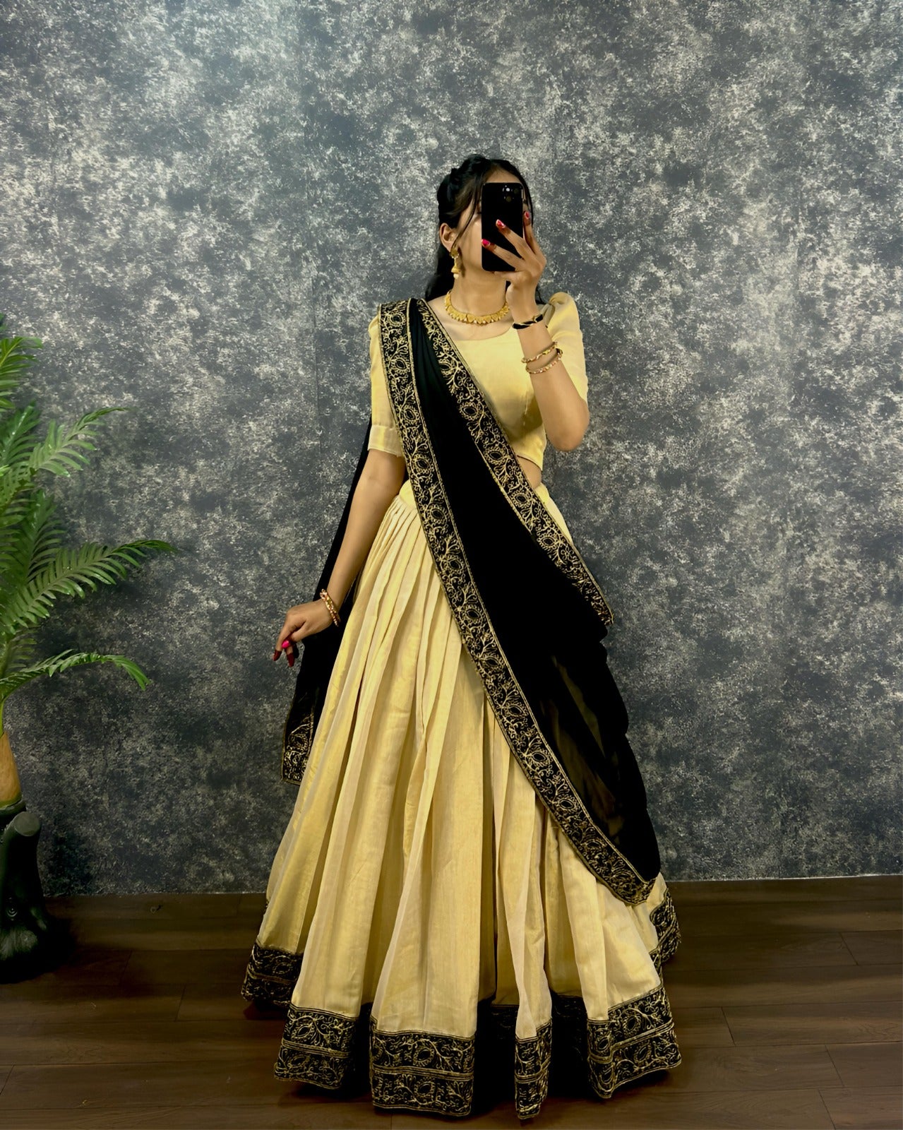Cream and Black Silk Lehenga Choli with Embroidered Border Dupatta