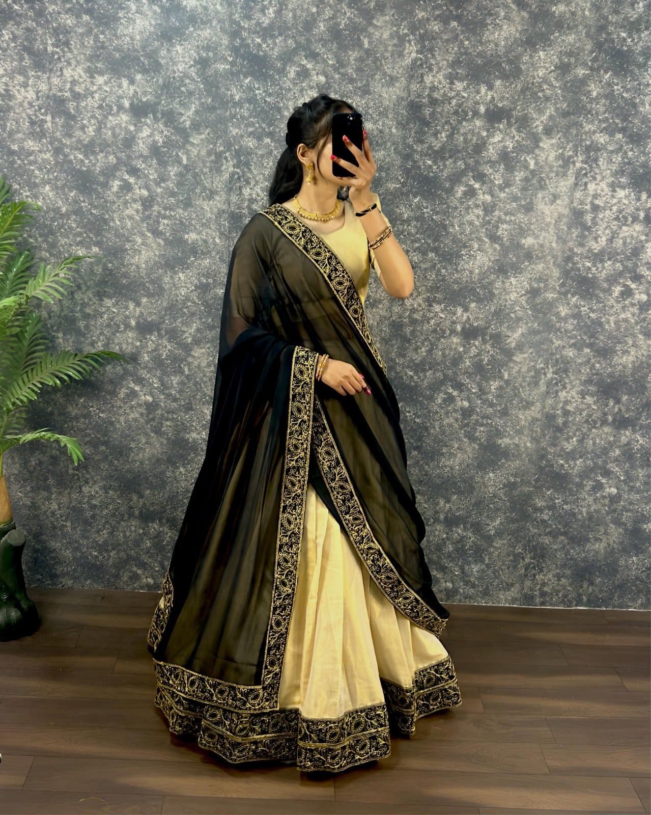 Cream and Black Silk Lehenga Choli with Embroidered Border Dupatta
