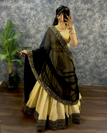 Cream and Black Silk Lehenga Choli with Embroidered Border Dupatta