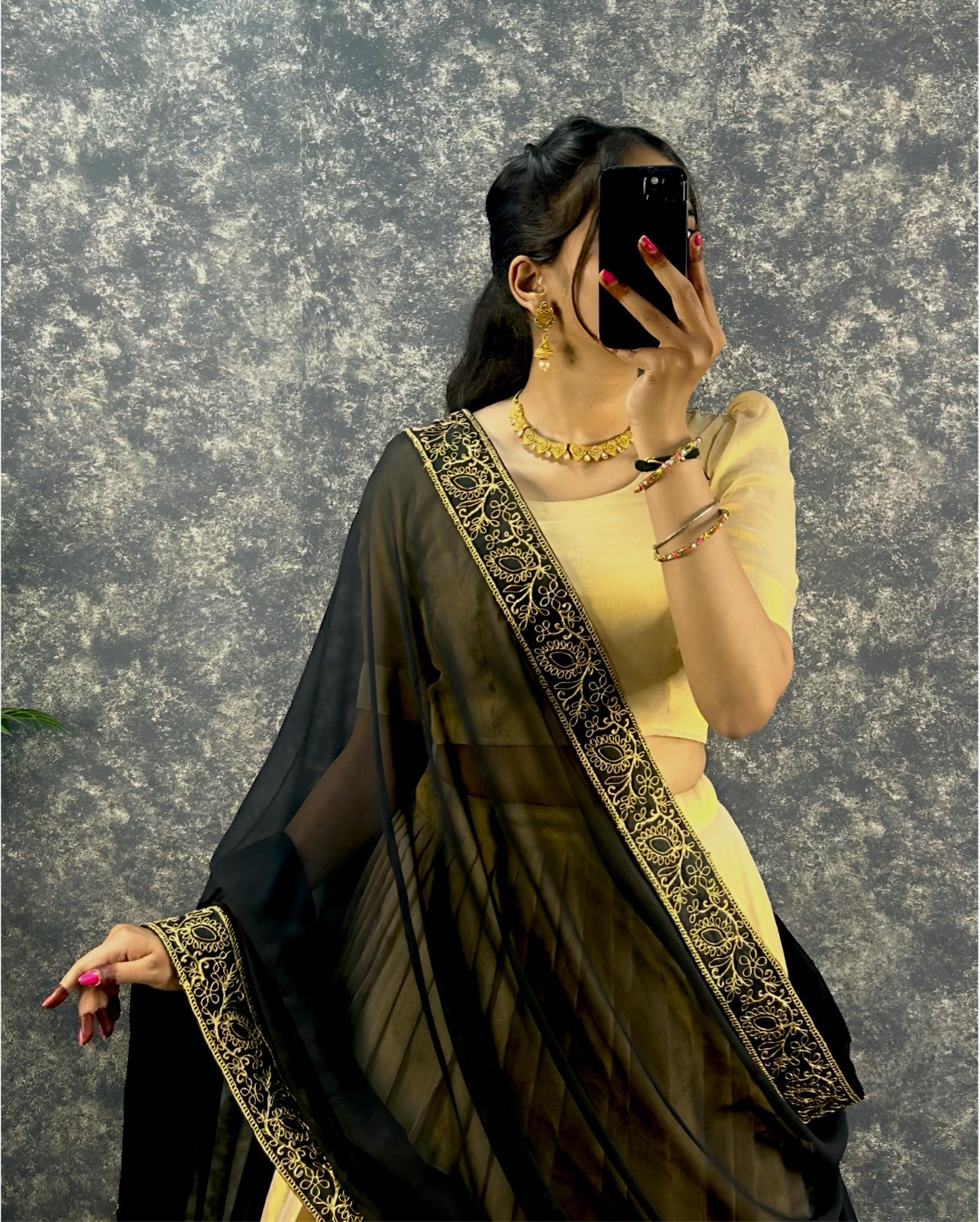 Cream and Black Silk Lehenga Choli with Embroidered Border Dupatta
