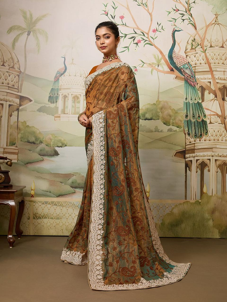 Brown Embroidered Net Saree with Floral Detailing and Sequins