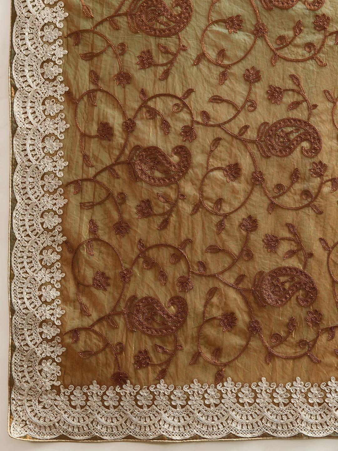 Brown Embroidered Net Saree with Floral Detailing and Sequins