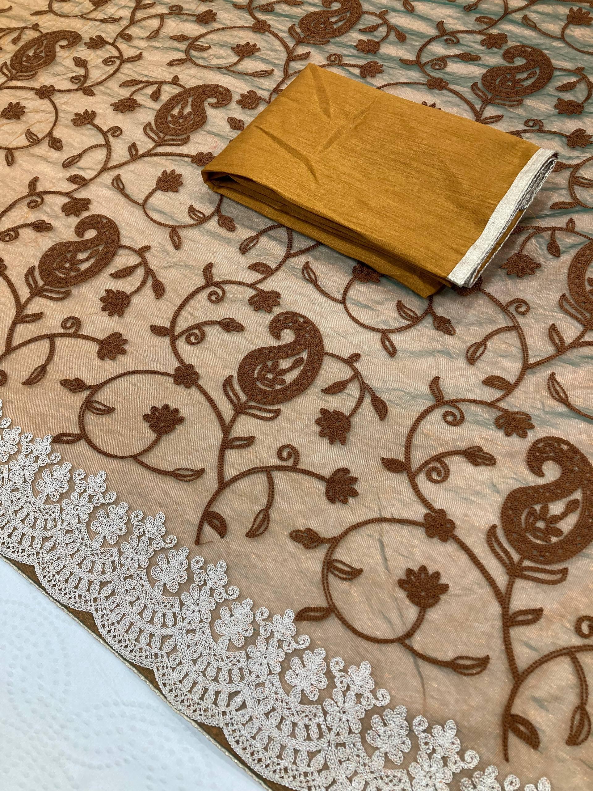 Brown Embroidered Net Saree with Floral Detailing and Sequins
